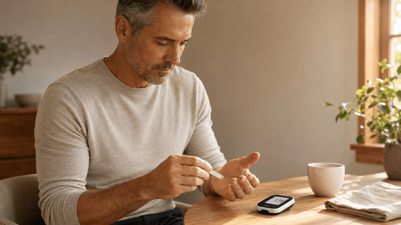 A silver-haired man past 40 sitting calmly at a kitchen table doing a finger-prick blood glucose test — lancet pen in hand, home glucose monitor and coffee mug on the table — capturing the practical 'know your numbers' step that turns silent insulin resistance into a measurable, trackable picture and creates an intervention window before a clinical threshold is reached