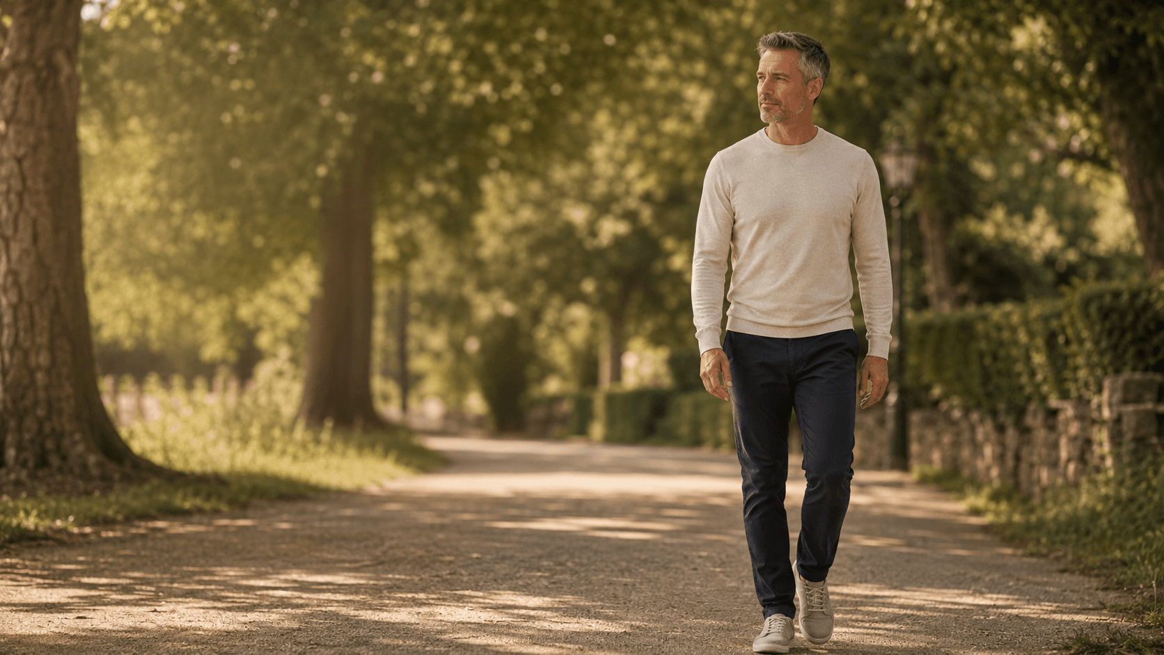 A silver-haired man past 40 walking calmly down a tree-lined country path at golden hour after a meal, hands in his pockets, unhurried pace — capturing the simplest, most evidence-supported blood glucose intervention available: a 10 to 20 minute post-meal walk that activates muscle GLUT4 uptake and measurably flattens the post-meal glycaemic spike, with no equipment and no gym required