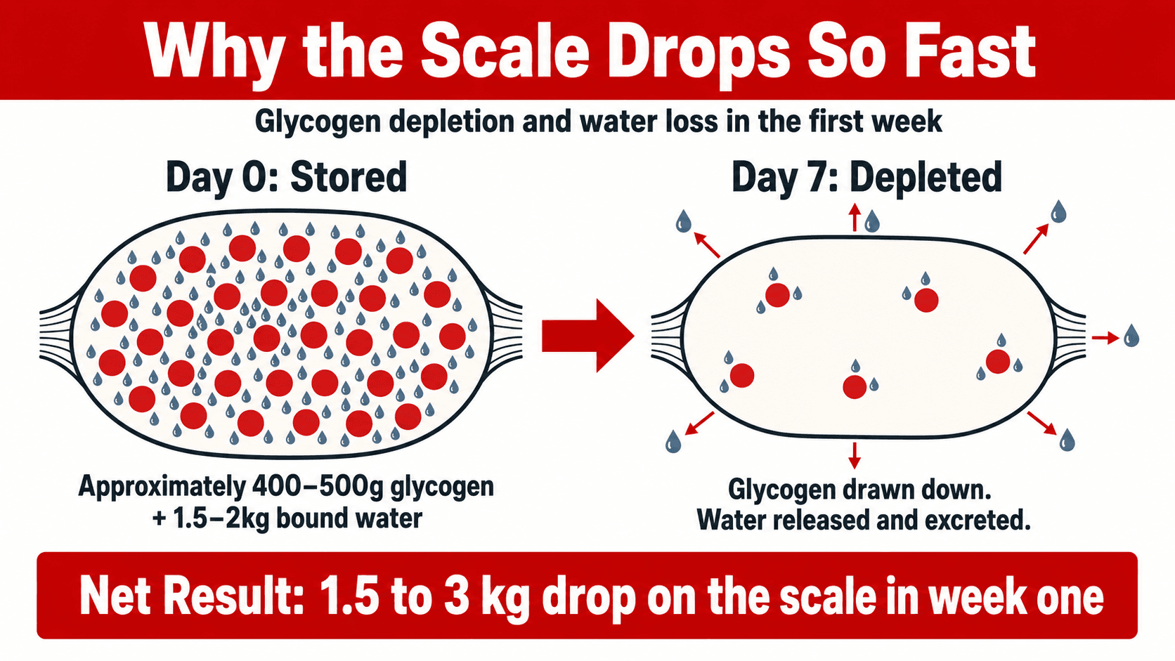 Diagram showing glycogen depletion and water release during the first week of carbohydrate restriction
