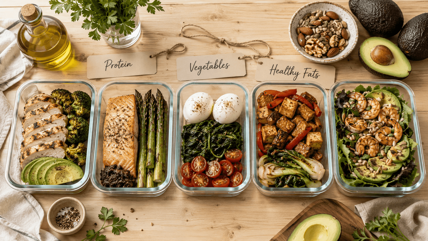 Simple meal prep layout showing the protein, vegetables, and healthy fats template for kickstart meals