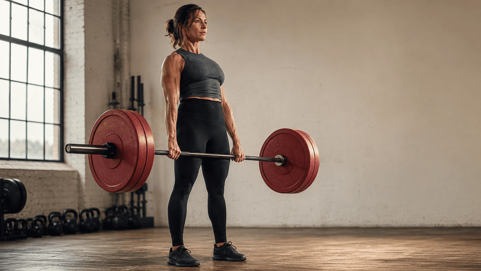 A woman holding a loaded barbell at her hips at the lockout of a deadlift, weight plates loaded on each side in a sunlit gym with kettlebells in the background — the image behind the central argument of this article that resistance training, not endless cardio, is what builds lean, strong, healthy bodies in women