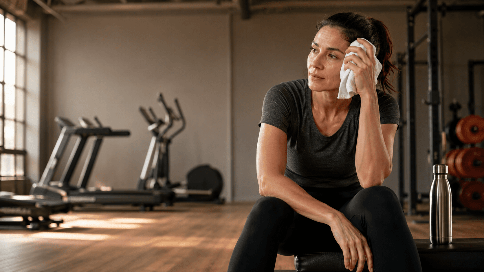 A woman sitting on a bench after a cardio session, wiping her face with a towel and looking drained with a row of treadmills behind her — capturing the cardio only trap described above, where weeks of running, stalled results and rising fatigue point not to more cardio but to a fundamental change of approach