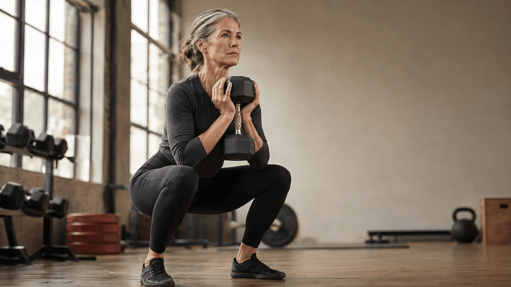 A mature woman performing a goblet squat with a dumbbell at chest, knees tracking out and weight in her heels in a bright gym with dumbbells and a kettlebell behind her — illustrating the kind of compound resistance training that supports women's hormonal health, bone density and metabolic function through midlife and beyond, as the table above describes