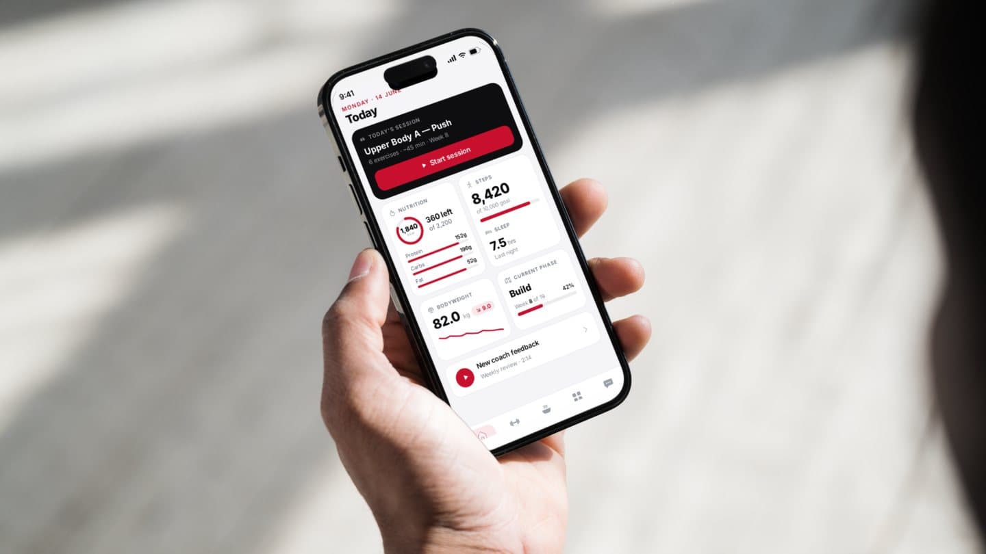 The TR coaching app showing a client's daily training, nutrition and progress