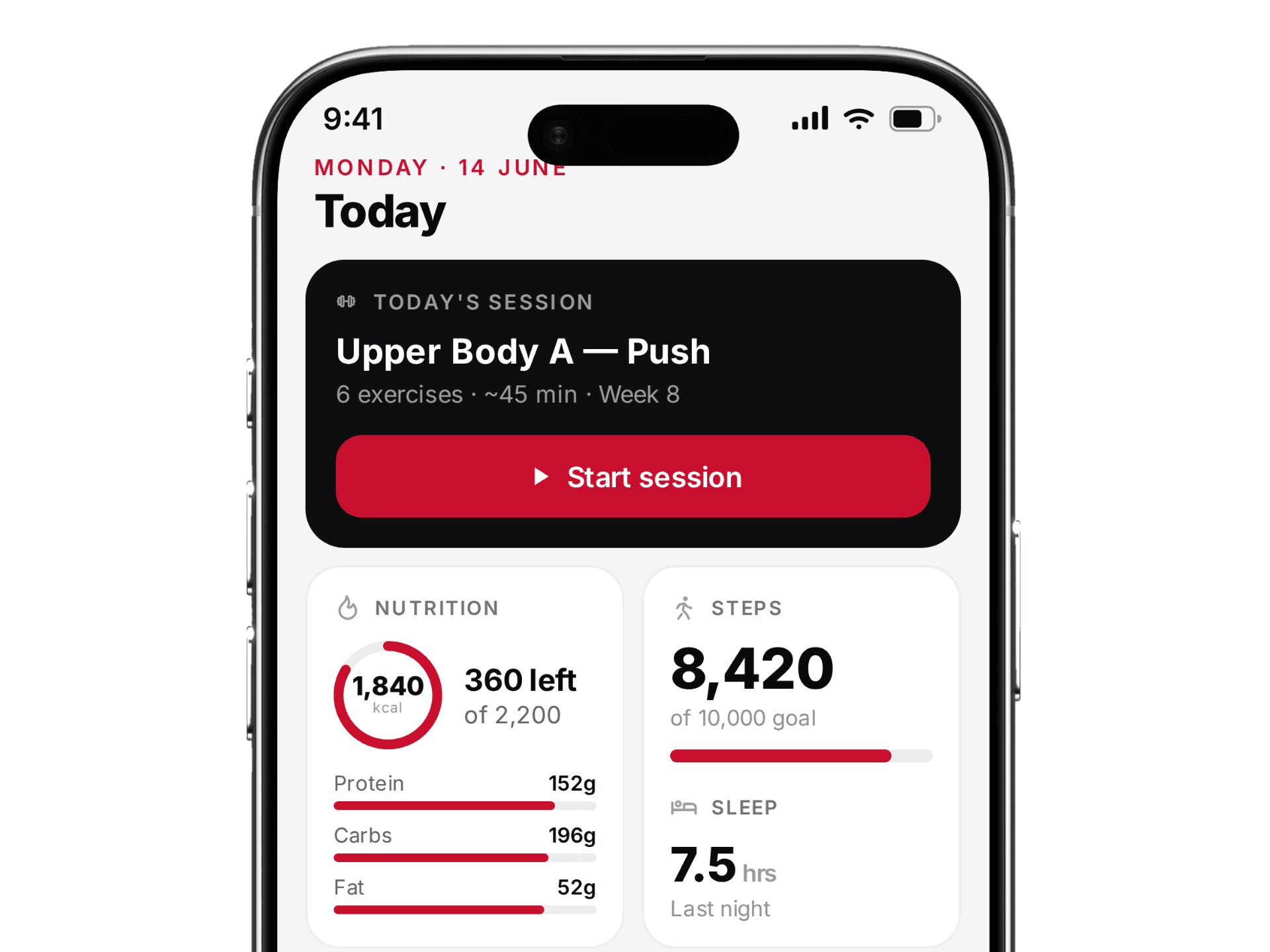 TR Performance coaching app — daily overview