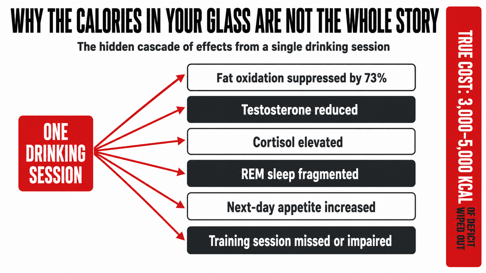Diagram of the hidden cascade of effects that alcohol triggers beyond just the calories in your glass