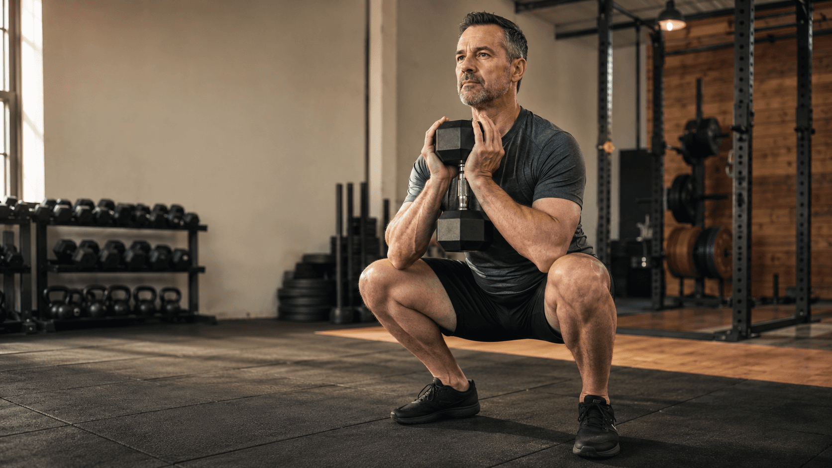 A lean, silver-haired man past 40 holding a deep goblet squat with a single dumbbell at chest level in a sunlit industrial gym, embodying the foundational, well-coached approach to lifting weights that this beginner's checklist is built around