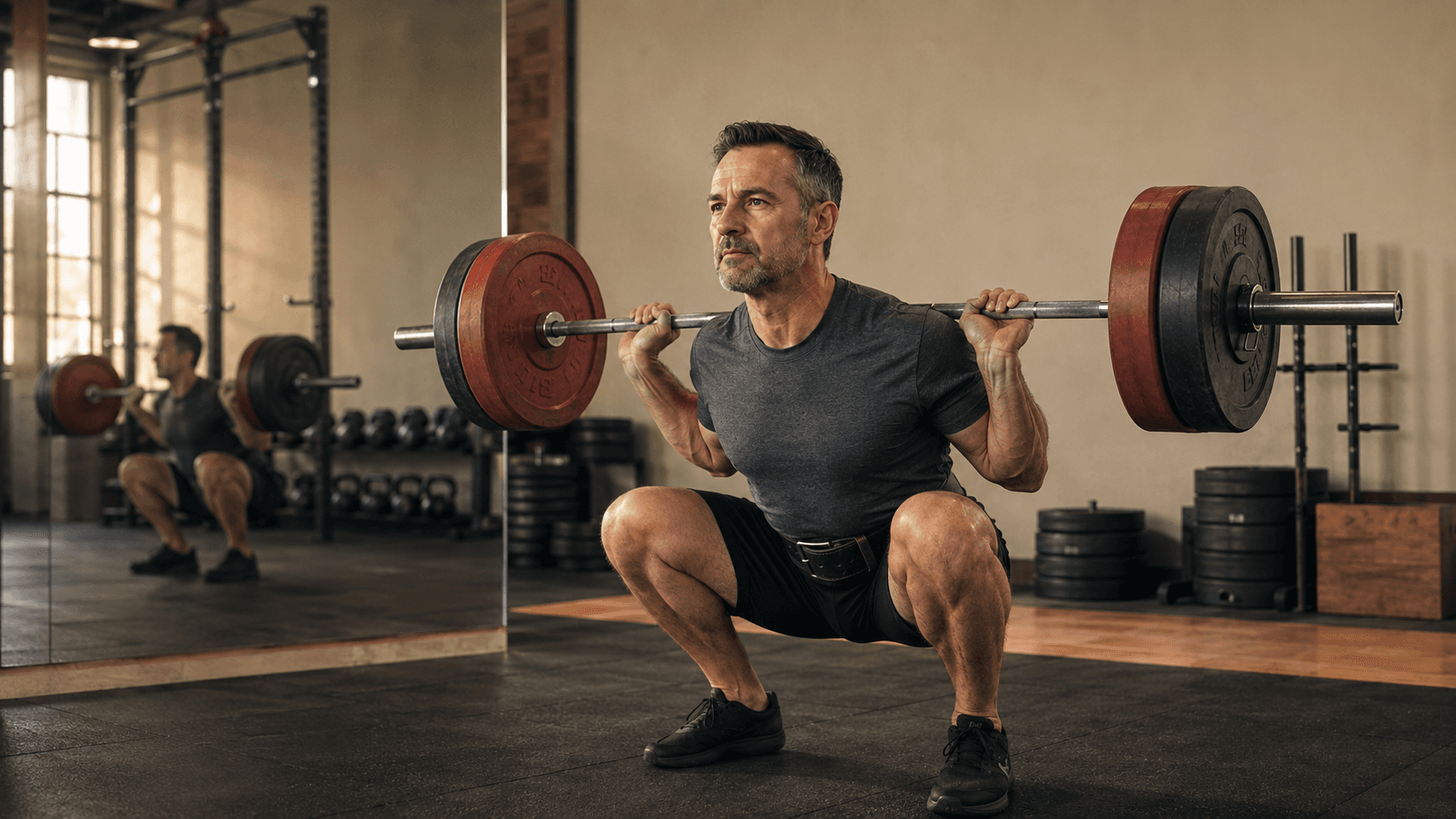 A silver-haired man past 40 in the bottom position of a barbell back squat with a moderate red and black plate load, holding a controlled, neutral-spine position through a full range of motion — the kind of disciplined execution that protects the joints and earns the right to progress to heavier loads