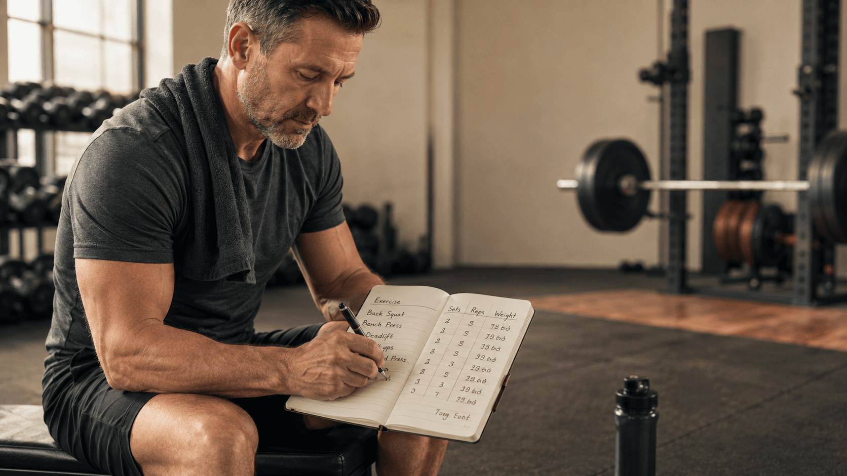 A silver-haired man sitting on a gym bench between sets, pen in hand, recording his exercises, weights, sets and reps in an open notebook with a water bottle beside him — the simple, low-tech training-log habit that turns guesswork into measurable progressive overload week after week