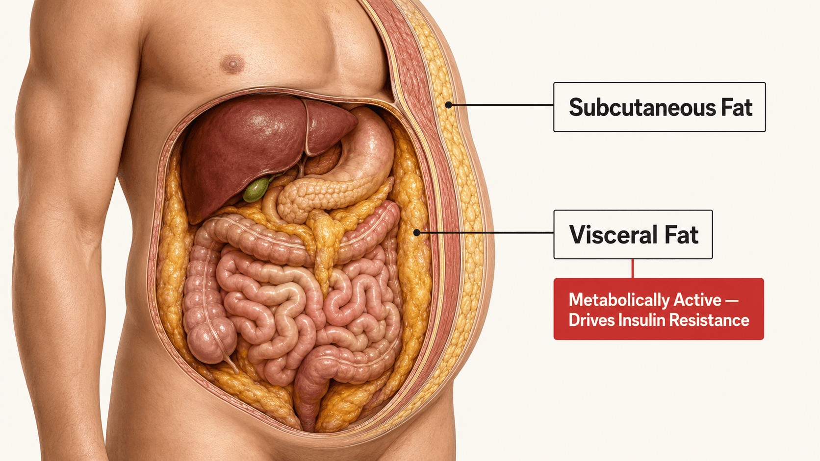 Cross-section illustration showing visceral fat surrounding internal organs deep in the abdominal cavity versus subcutaneous fat stored directly under the skin