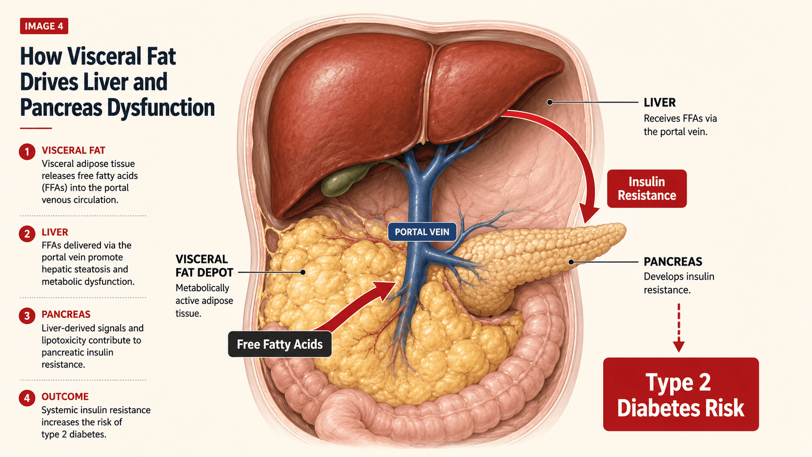 Diagram showing how visceral fat releases free fatty acids into the portal vein, impairing liver insulin clearance and driving insulin resistance