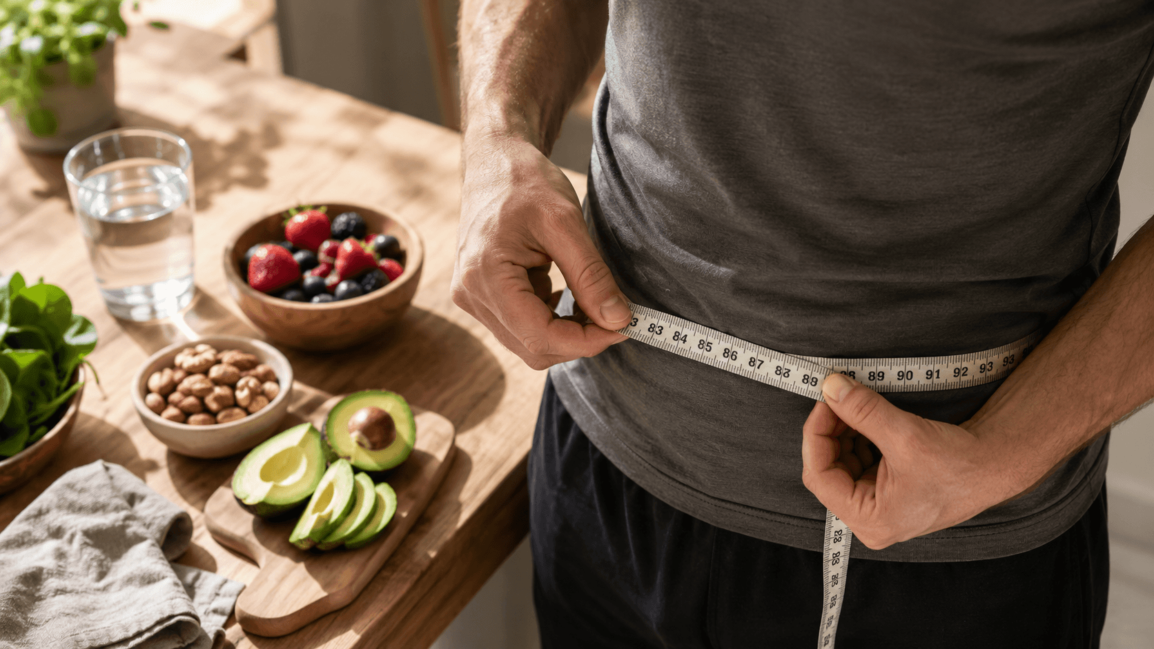 Person measuring waist circumference with a tape measure — a simple tool for assessing visceral fat risk even in normal-weight TOFI individuals