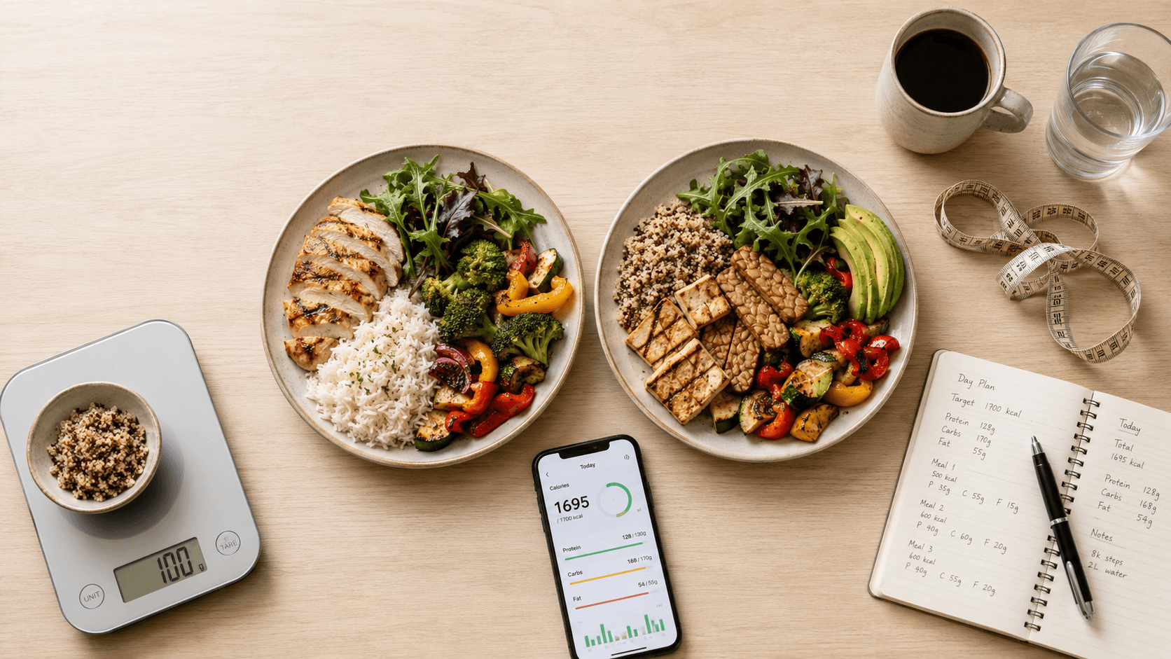 A well-prepared balanced meal on a kitchen counter with visible protein, vegetables, and whole grains
