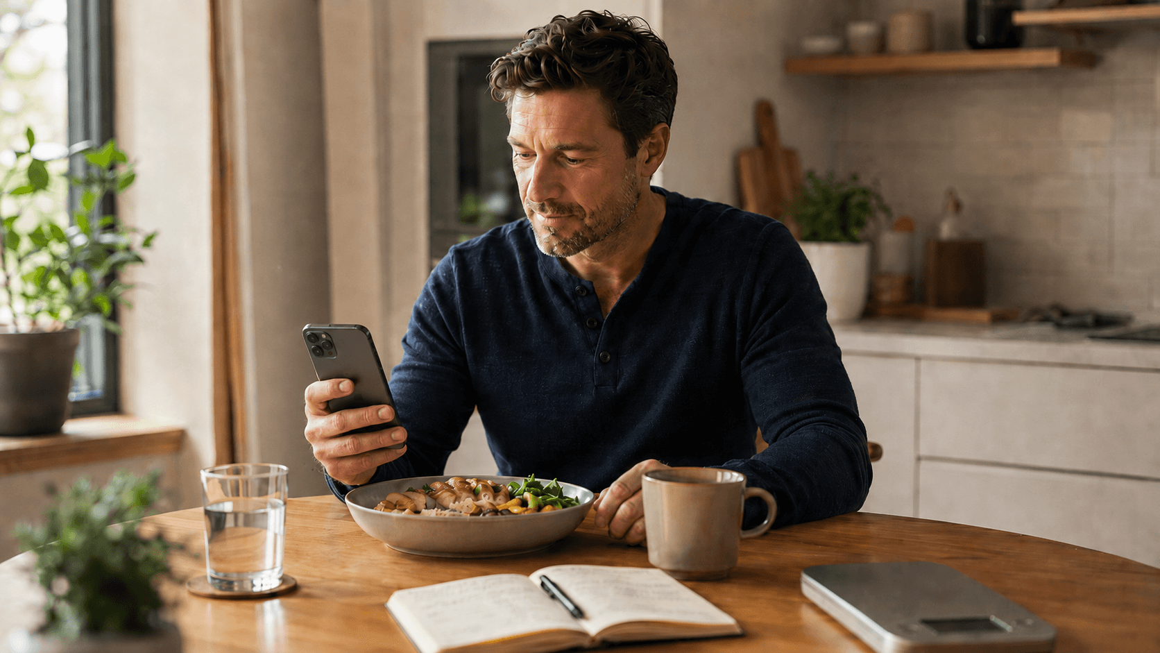 Person reviewing a food diary or nutrition tracking app on their phone