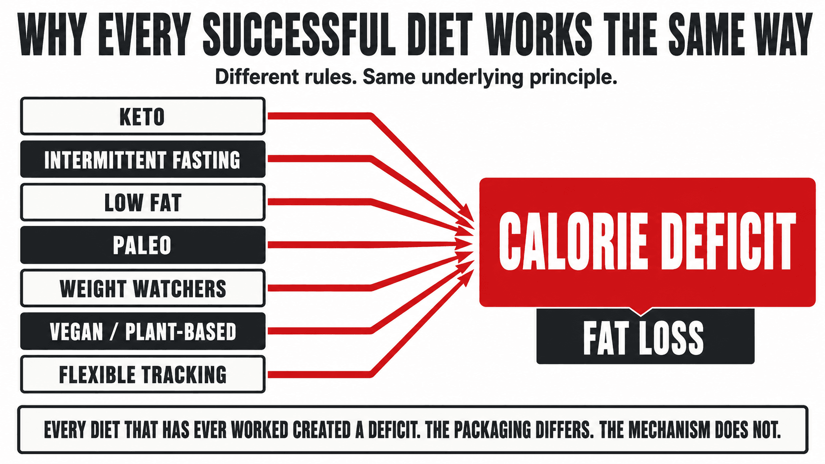 Funnel diagram showing different diet approaches all converging on the same calorie deficit outcome
