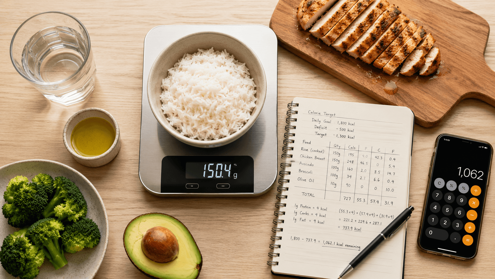 Kitchen scale with food being weighed alongside a notebook showing calorie calculations