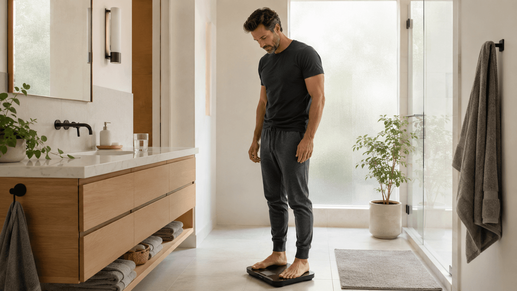 Person stepping on a scale first thing in the morning as part of a consistent tracking routine