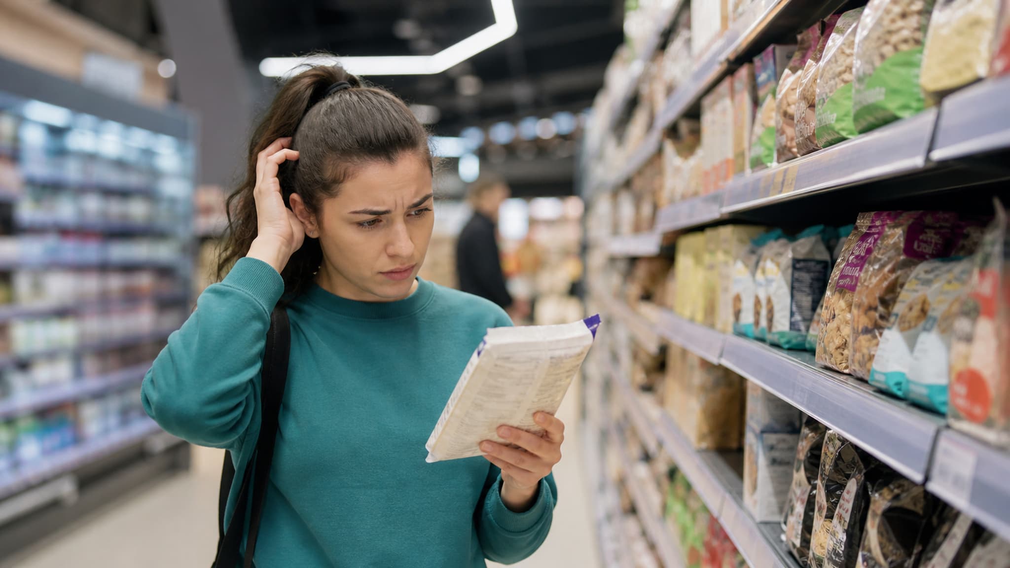 A person looking confused in a supermarket aisle, surrounded by food products — representing the overwhelm caused by conflicting carbohydrate messaging