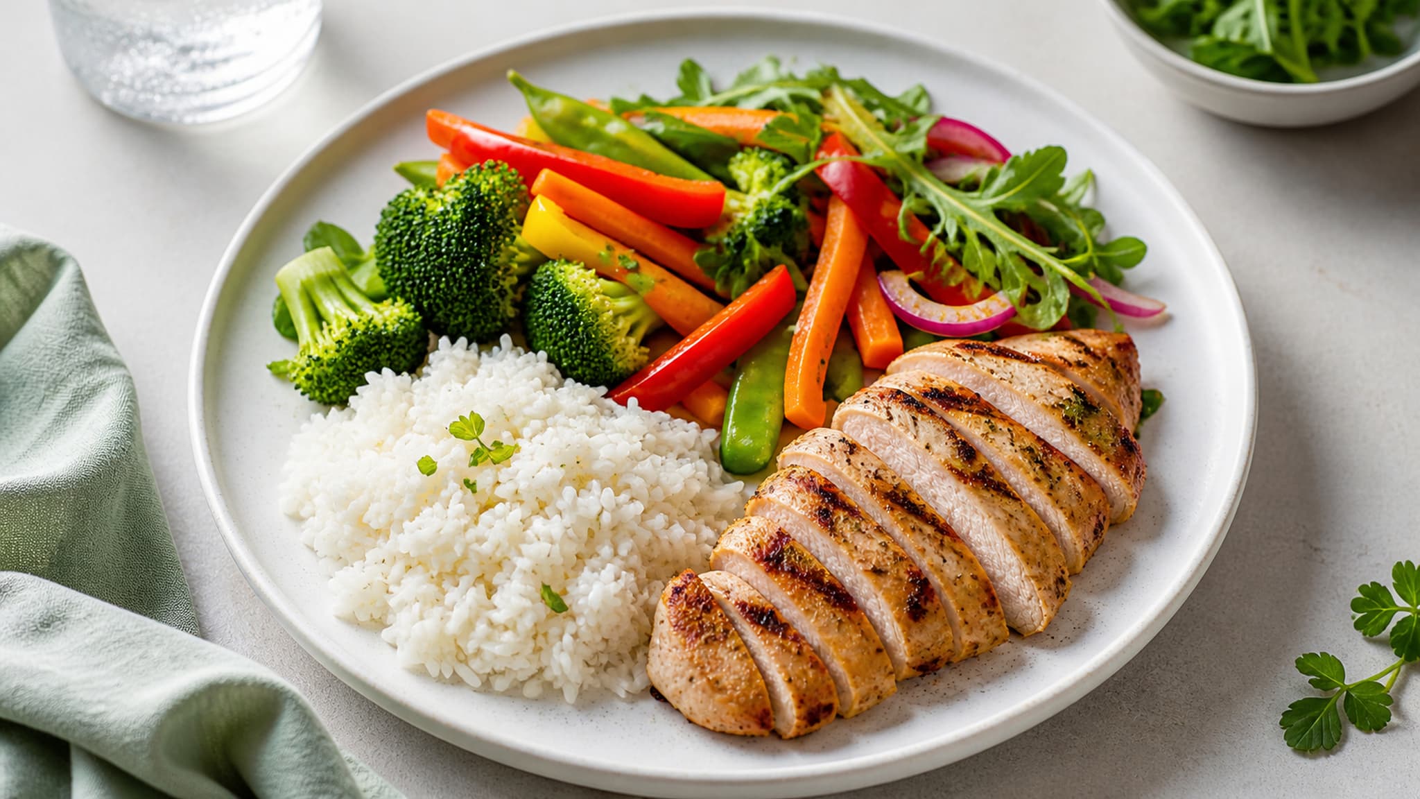 A balanced plate showing proper portions of protein, carbohydrates, and vegetables — demonstrating that total calorie balance, not carbohydrate avoidance, drives fat loss