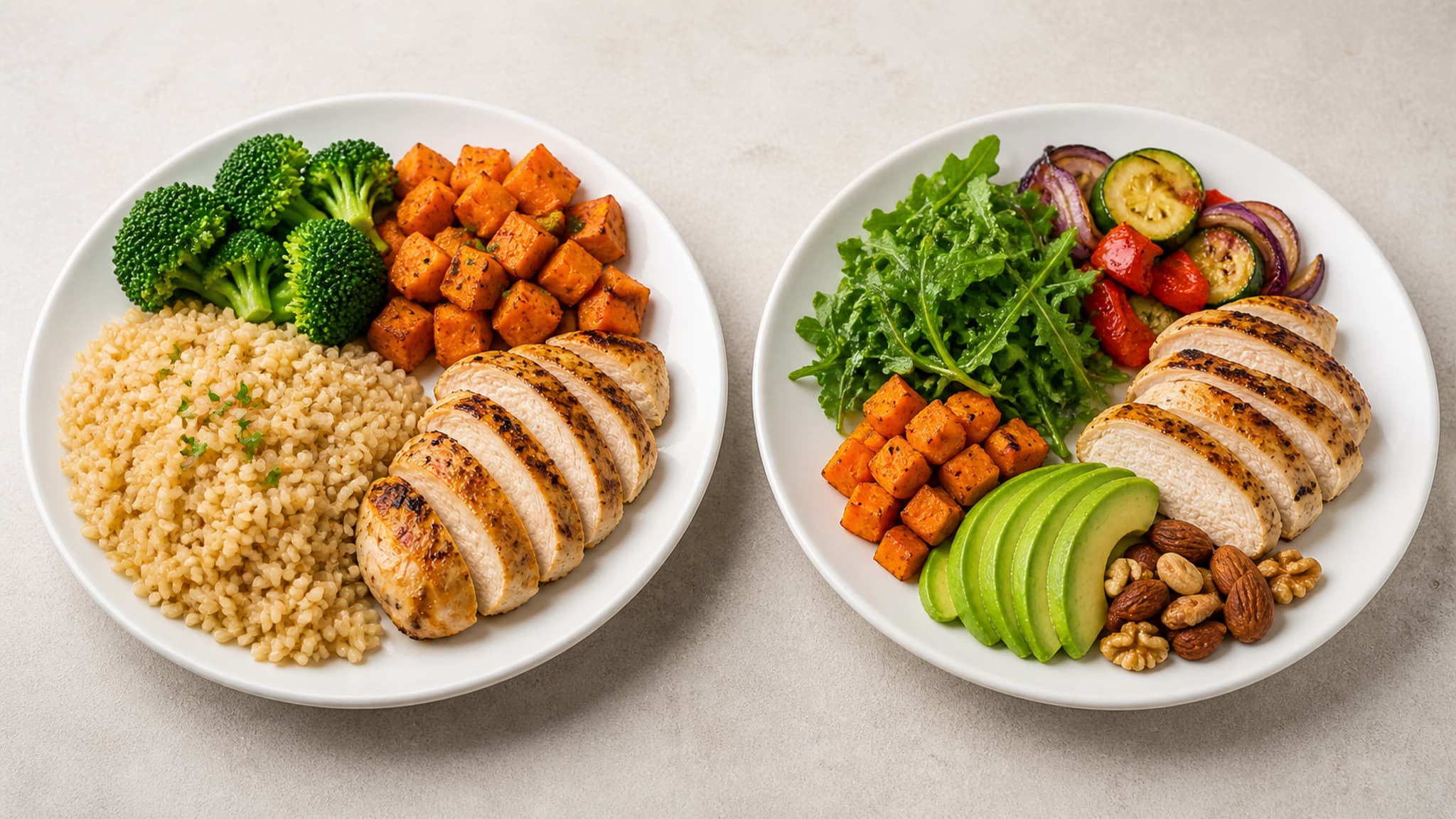 Wholesome carbohydrate-rich foods including sweet potatoes, oats, quinoa, and root vegetables — the whole, fibre-rich sources that should form the majority of carbohydrate intake