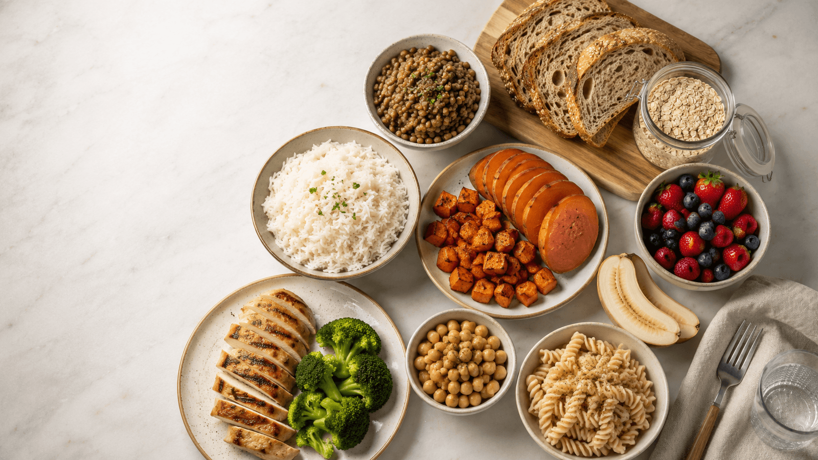 A spread of varied carbohydrate sources alongside lean protein: white rice, basmati rice, sweet potato, lentils, chickpeas, pasta, sourdough bread, oats, mixed berries, banana, broccoli, and grilled chicken arranged on a marble surface