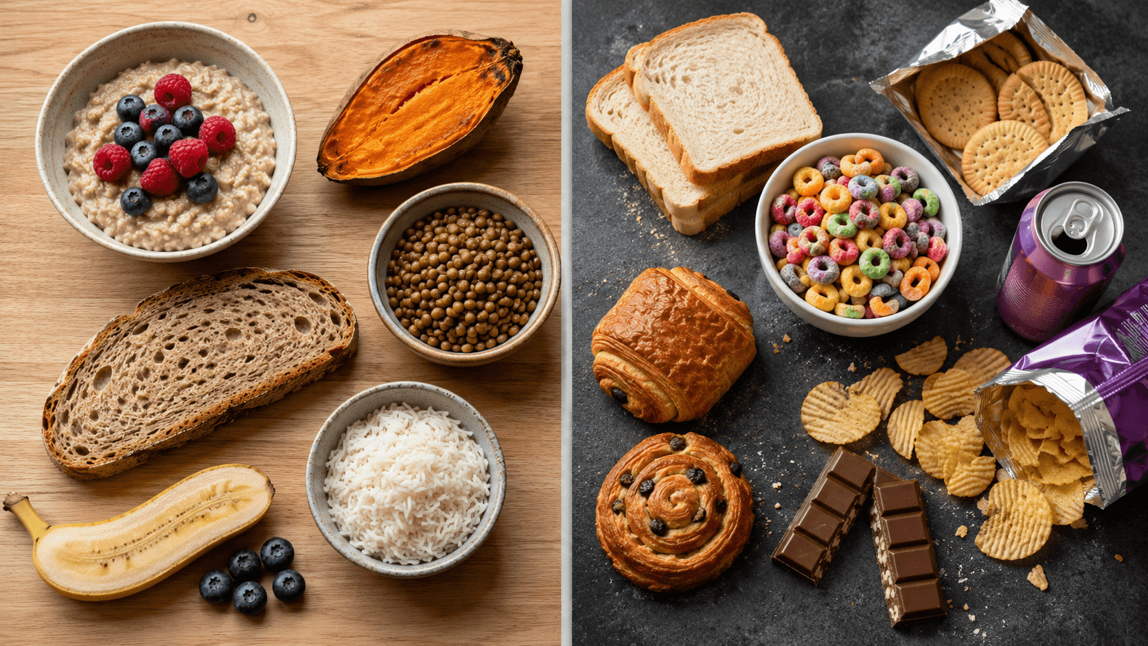A side-by-side comparison of carbohydrate sources: on the left, whole foods including a bowl of oats with berries, sourdough bread, sweet potato, brown rice, lentils, banana, and blueberries; on the right, ultra-processed carbohydrates including white bread, sugary cereal, pastries, soda, crisps, and chocolate