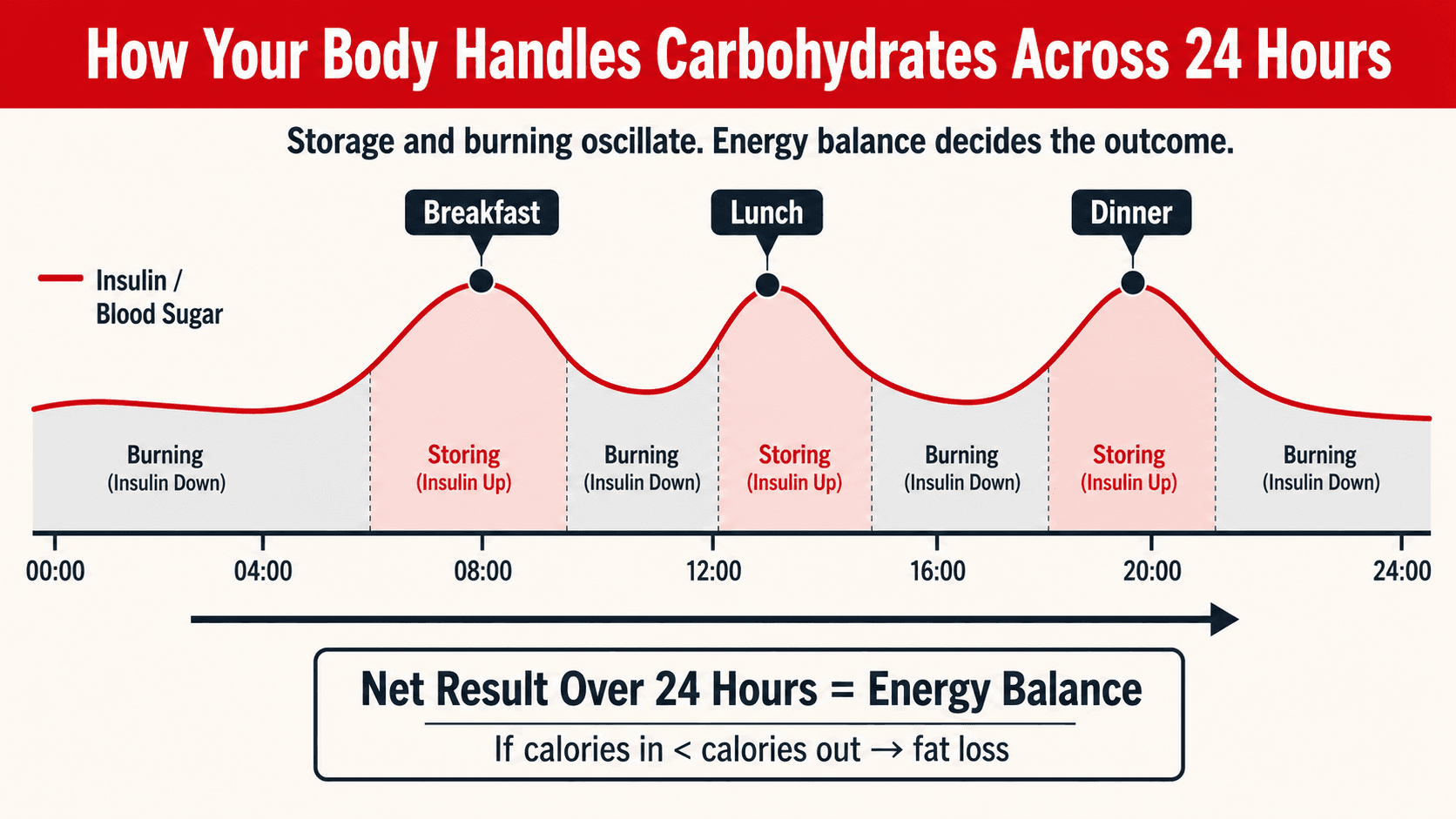 A 24-hour timeline showing how the body handles carbohydrates: insulin and blood sugar rise into storage mode after breakfast, lunch, and dinner, then fall into burning mode between meals and overnight, with a note that the net result over 24 hours is energy balance and fat loss occurs when calories in are less than calories out