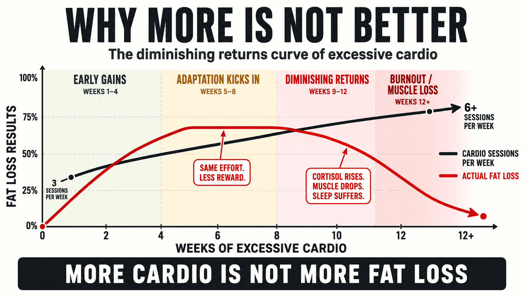Line graph titled Why More Is Not Better showing fat loss results rising in weeks 1 to 4 (early gains), plateauing in weeks 5 to 8 (adaptation), declining in weeks 9 to 12 (diminishing returns) and crashing past 12 weeks into burnout and muscle loss, captioned More Cardio Is Not More Fat Loss
