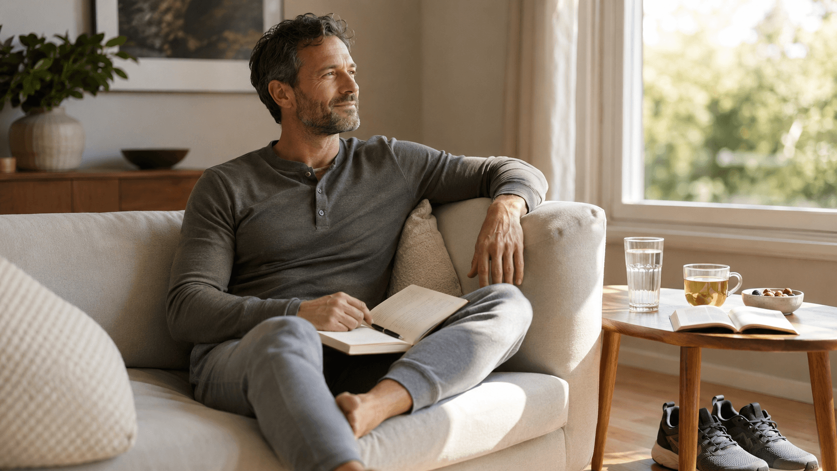 A man relaxing on a sofa with a book and a cup of tea on a sunny afternoon, illustrating that rest days are when the body actually adapts, repairs and consolidates progress