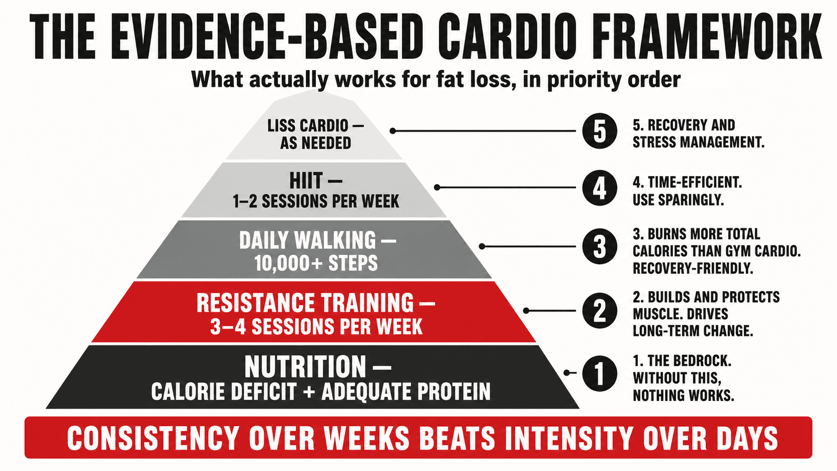 Pyramid infographic titled The Evidence-Based Cardio Framework, showing the priority order from base to top: nutrition (calorie deficit and adequate protein), resistance training 3 to 4 sessions per week, daily walking 10,000+ steps, HIIT 1 to 2 sessions per week, and LISS cardio as needed, captioned Consistency Over Weeks Beats Intensity Over Days