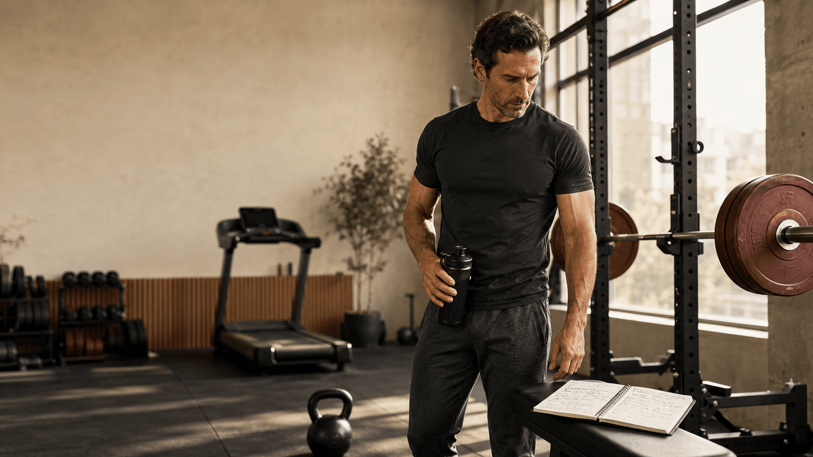 Tanvir Rayet standing between a squat rack and a treadmill in a modern gym, illustrating the balance between resistance training and cardio that this fat loss guide is built around