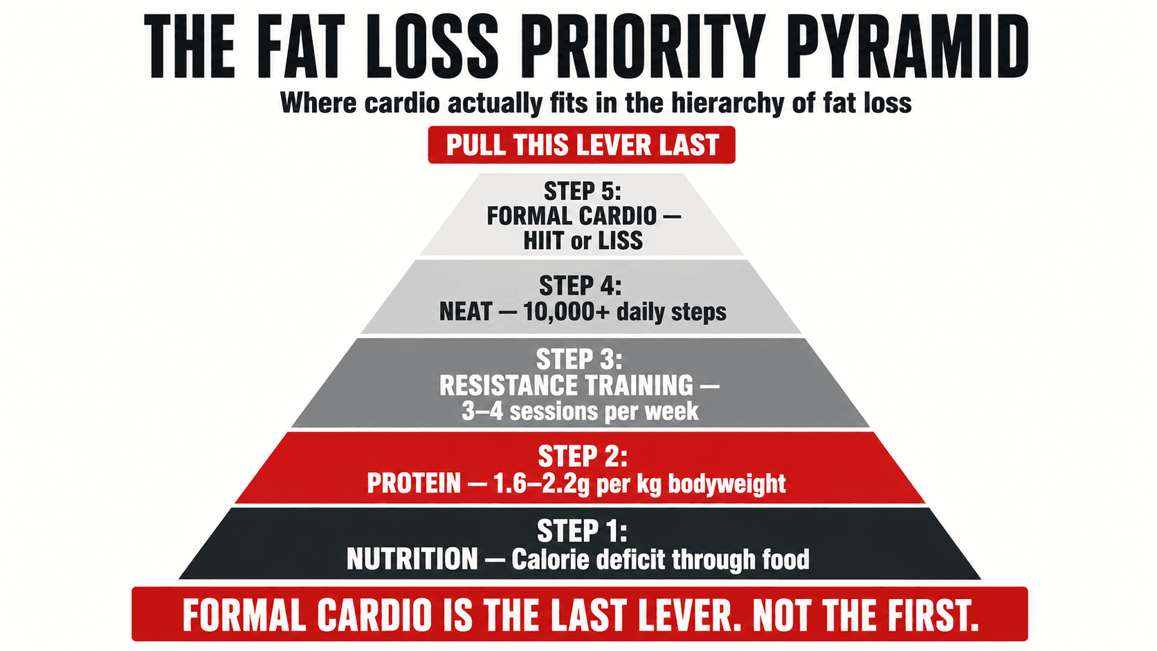 Pyramid infographic titled The Fat Loss Priority Pyramid, ranked from base to top: Step 1 Nutrition (calorie deficit through food), Step 2 Protein (1.6 to 2.2g per kg bodyweight), Step 3 Resistance Training (3 to 4 sessions per week), Step 4 NEAT (10,000+ daily steps), Step 5 Formal Cardio (HIIT or LISS), captioned Formal Cardio Is the Last Lever. Not the First.