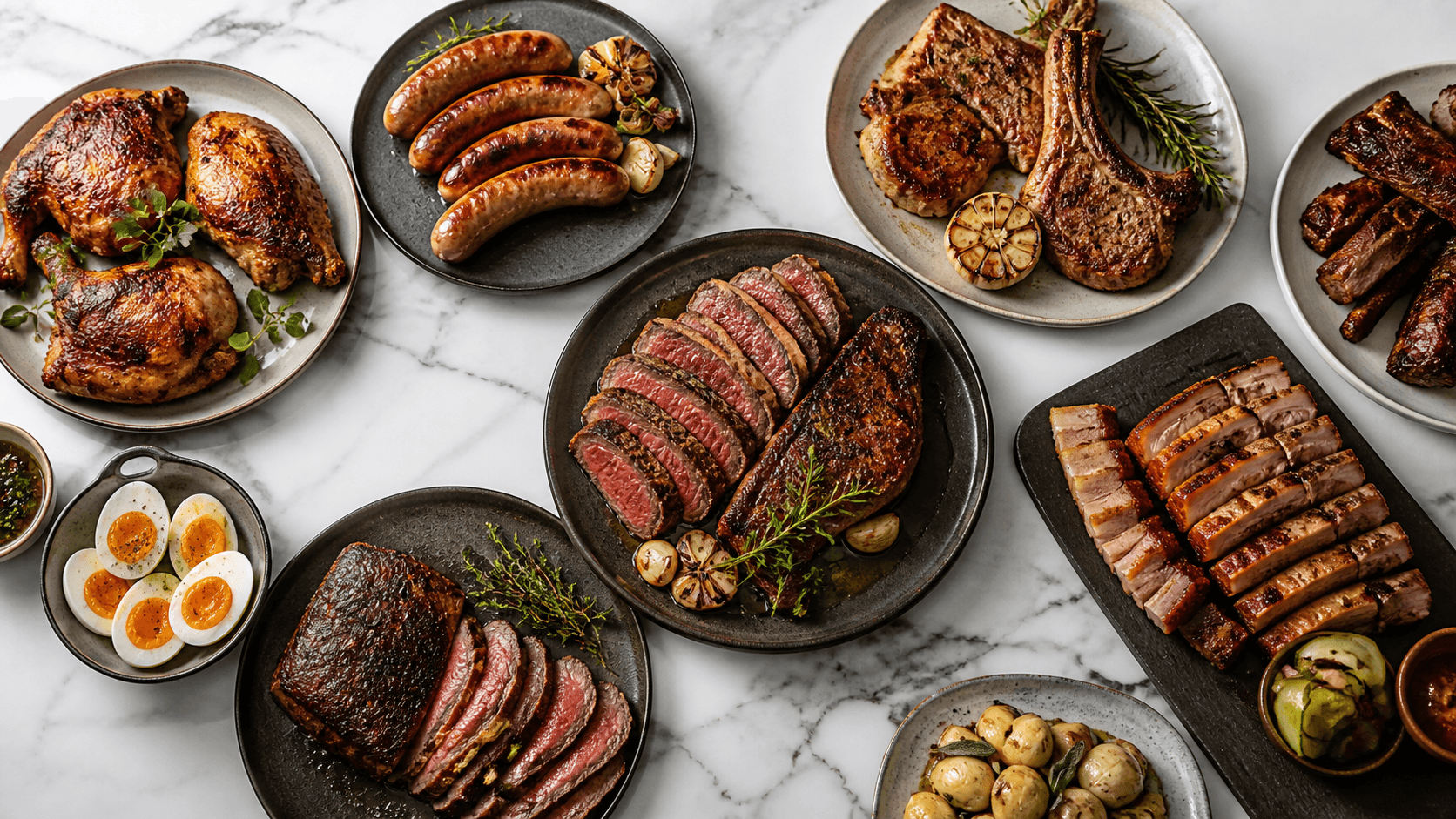 A generous spread of raw and cooked meat cuts on a dark surface, representing the all-animal-food premise of the carnivore diet
