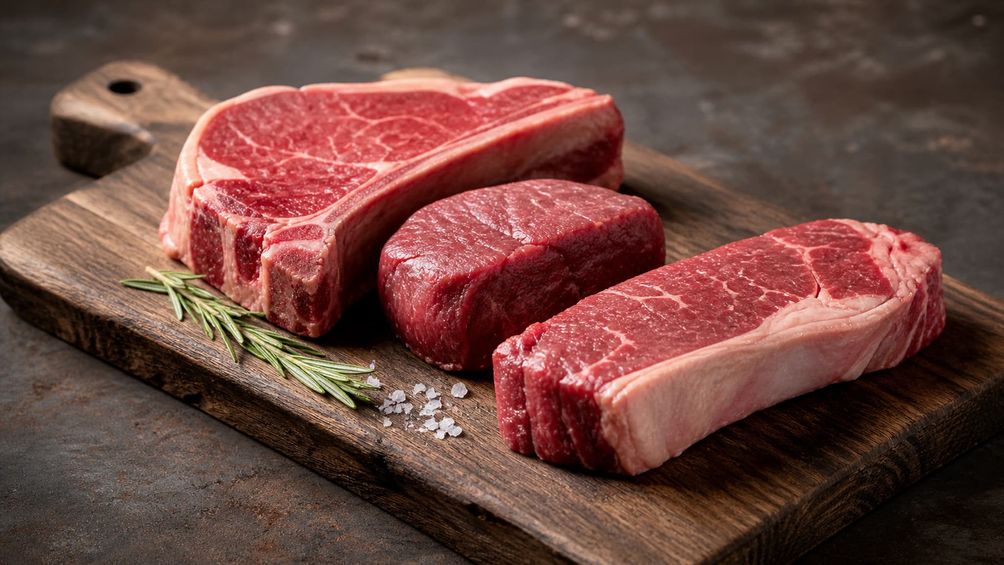Raw cuts of meat on a wooden cutting board, illustrating the all-animal-food premise of the carnivore diet