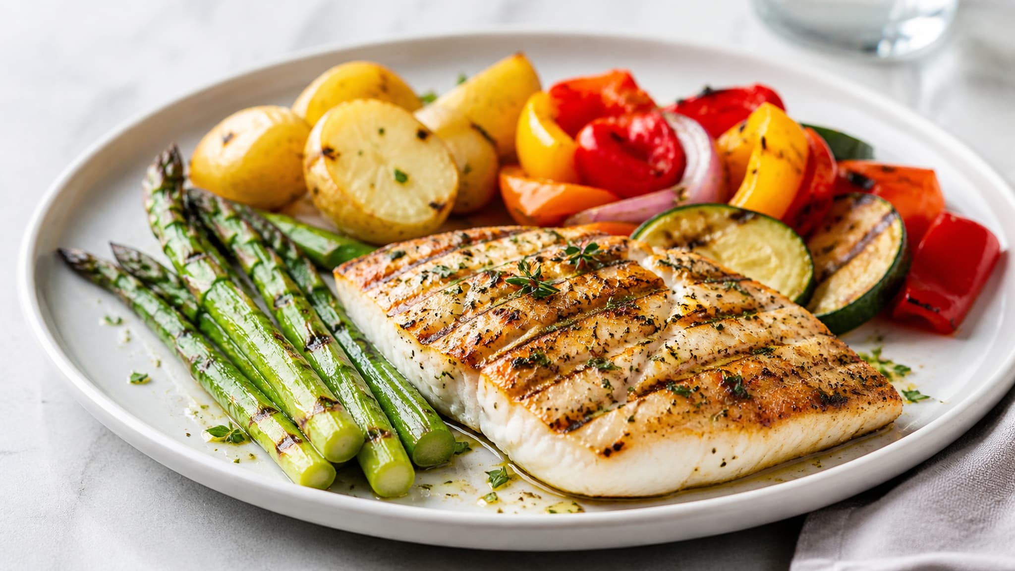 Balanced plate of grilled fish alongside colourful roasted vegetables, representing the dietary variety that outperforms extreme elimination approaches