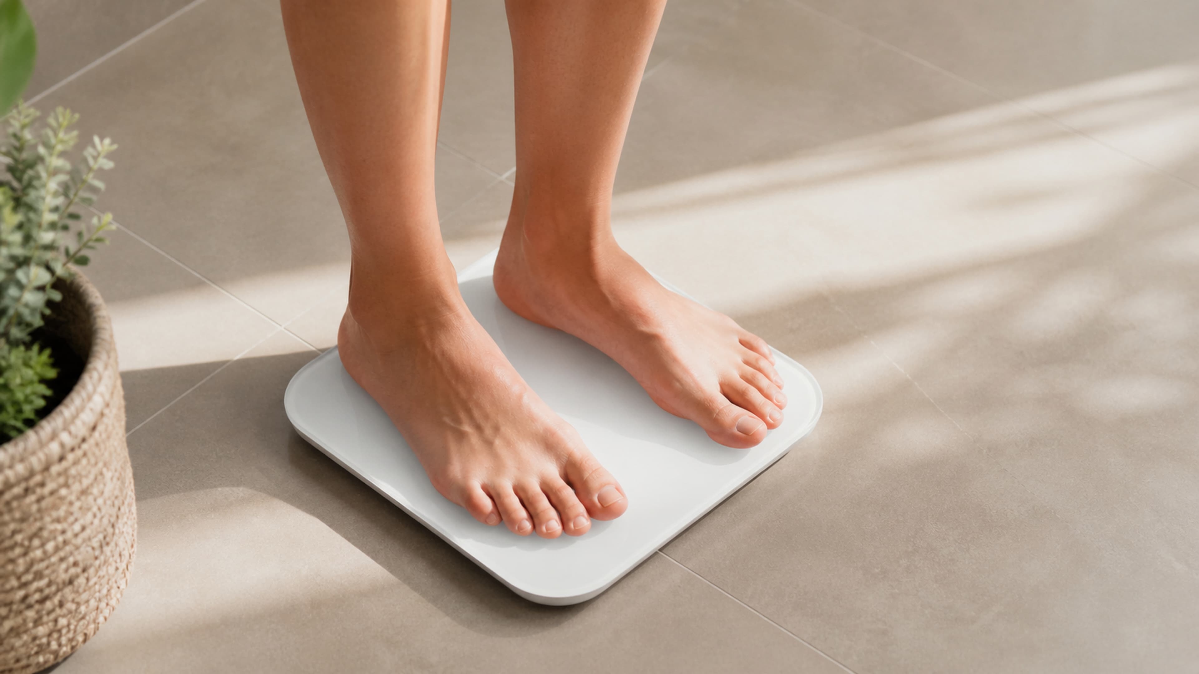 Person standing on a bathroom scale assessing progress during a fat loss phase