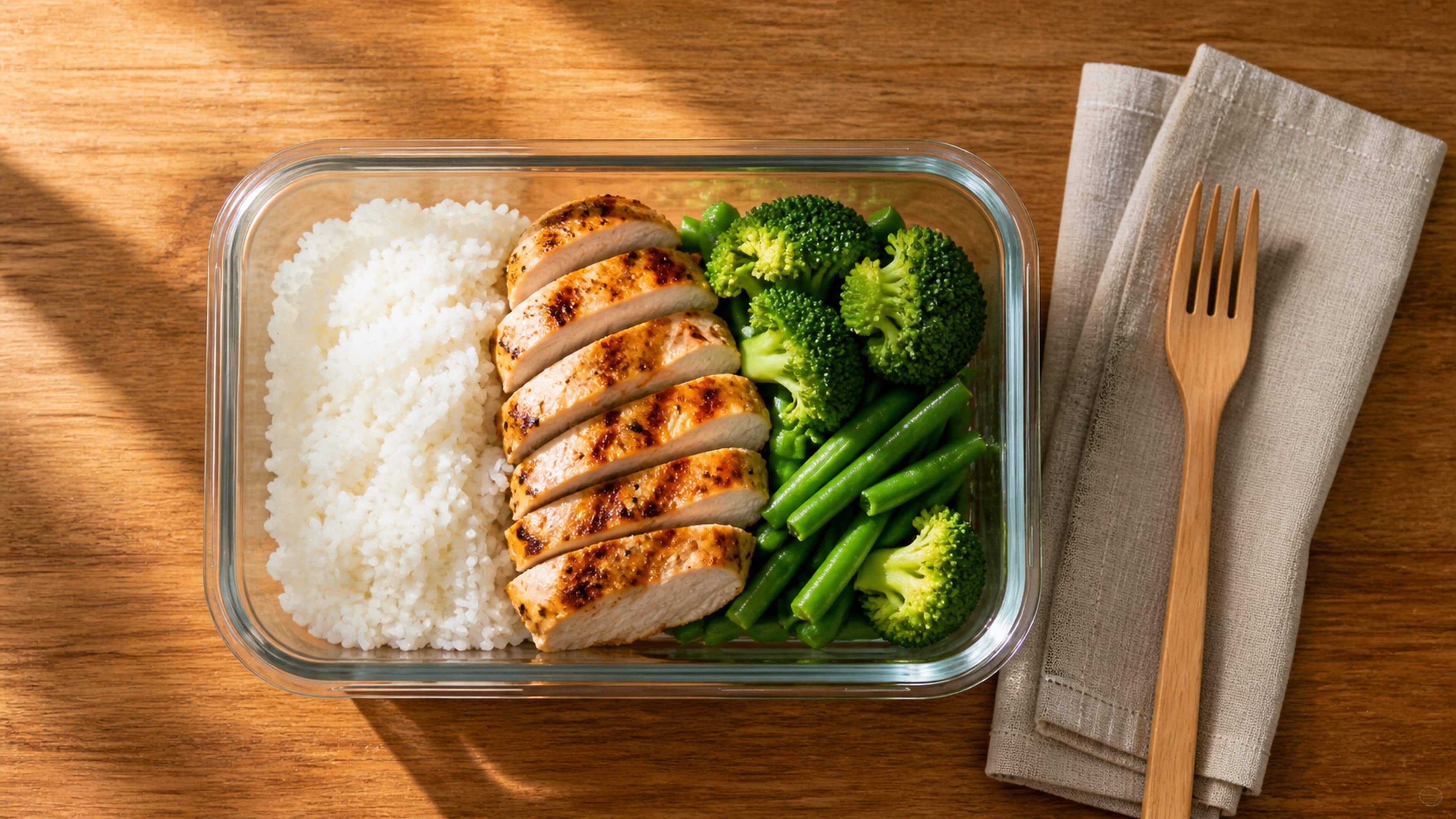 Meal prep container with balanced food portions representing the structured approach to a carbohydrate refeed day