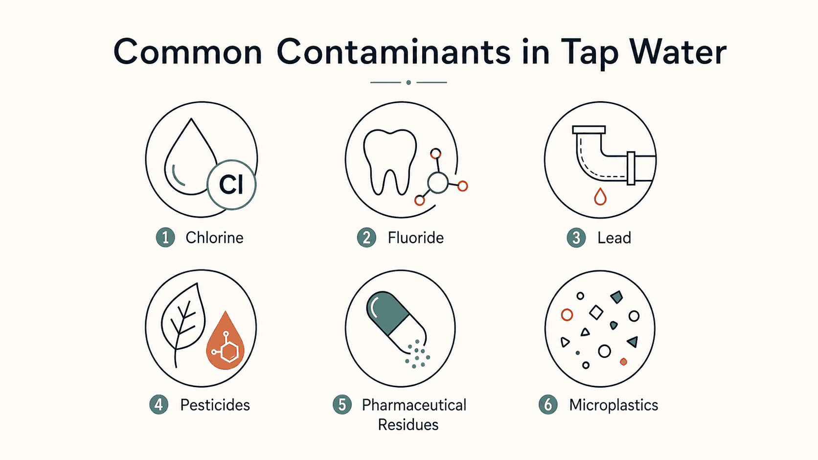 Infographic showing common contaminants found in UK tap water including chlorine, fluoride, lead, pesticide residues, pharmaceutical traces, and microplastics
