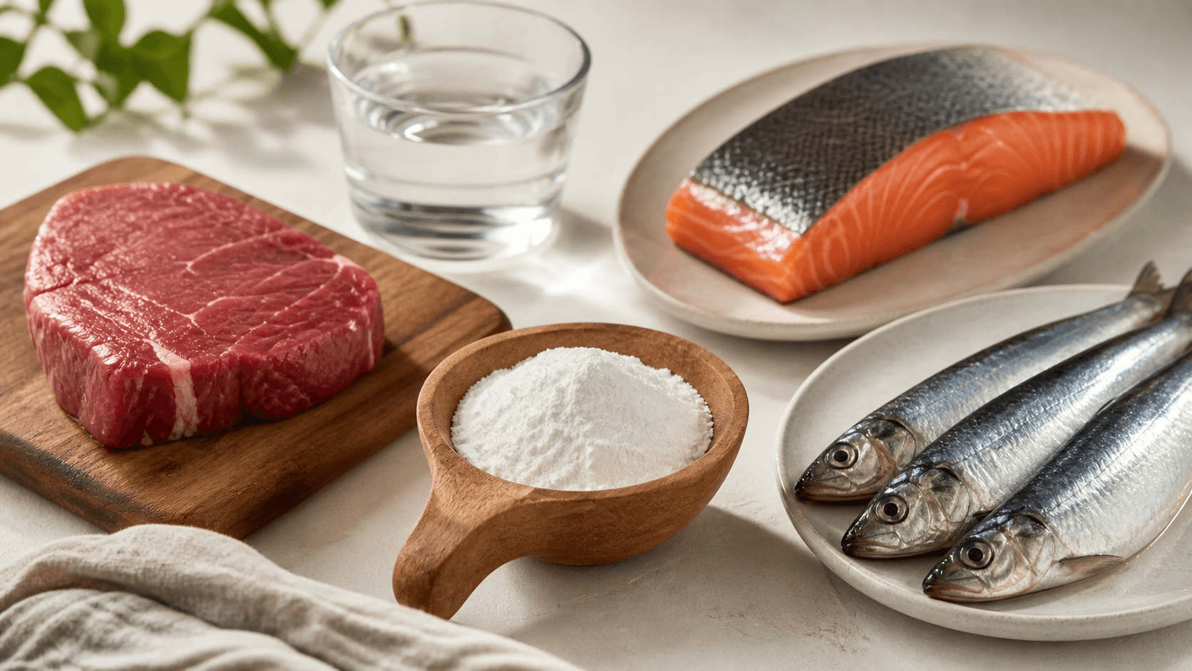 A scoop of creatine monohydrate powder alongside natural food sources of creatine such as red meat, salmon, and a glass of water on a clean bright surface
