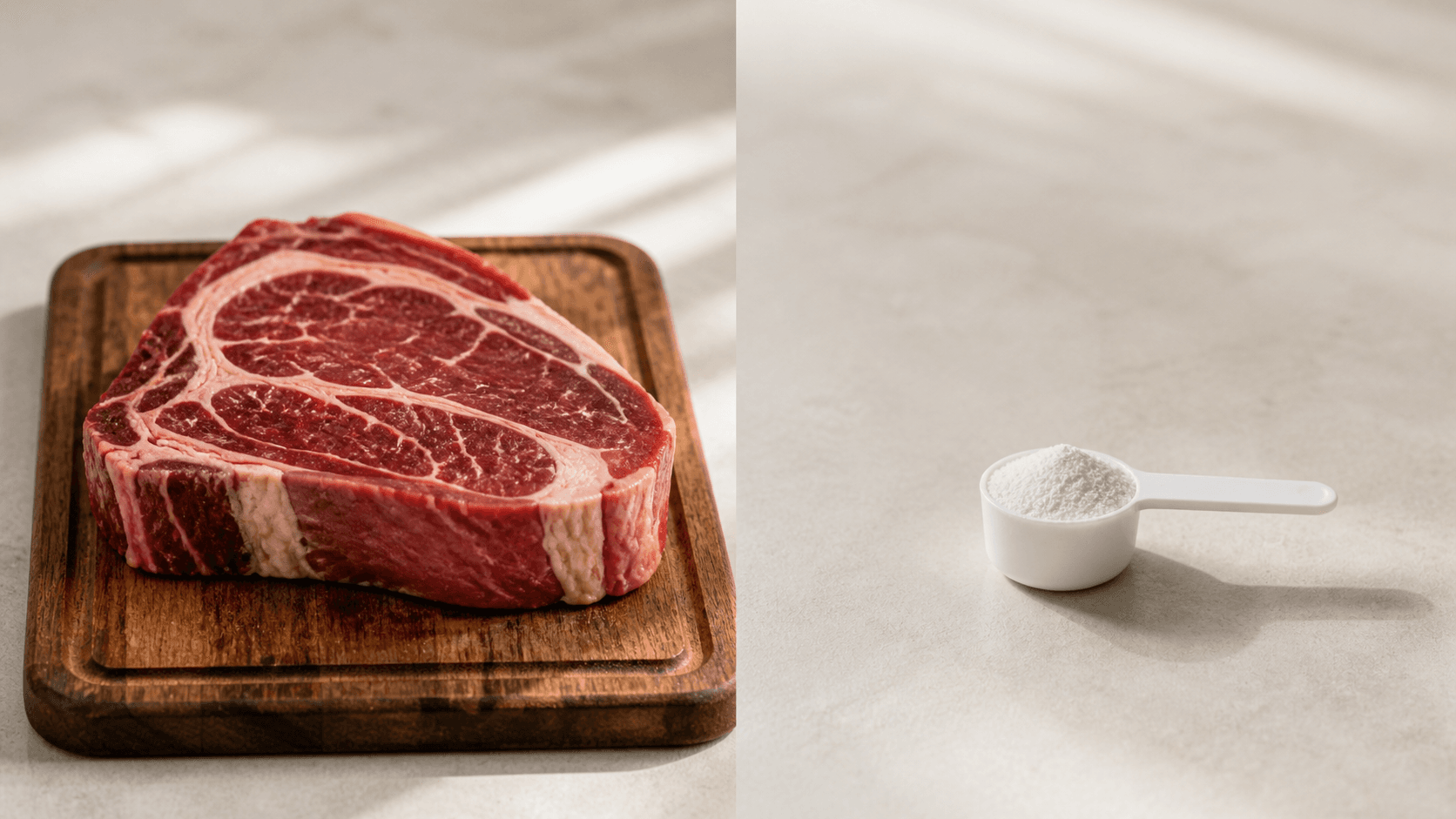 A comparison showing a large raw steak versus a small scoop of creatine powder, illustrating why supplementation makes practical sense over food sources alone