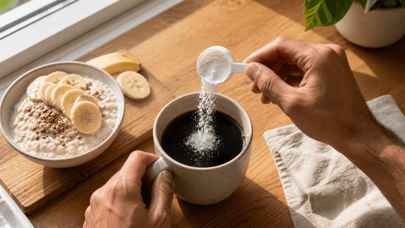 A person adding creatine powder to their morning coffee or protein shake, illustrating the simplicity of daily supplementation as part of a consistent routine