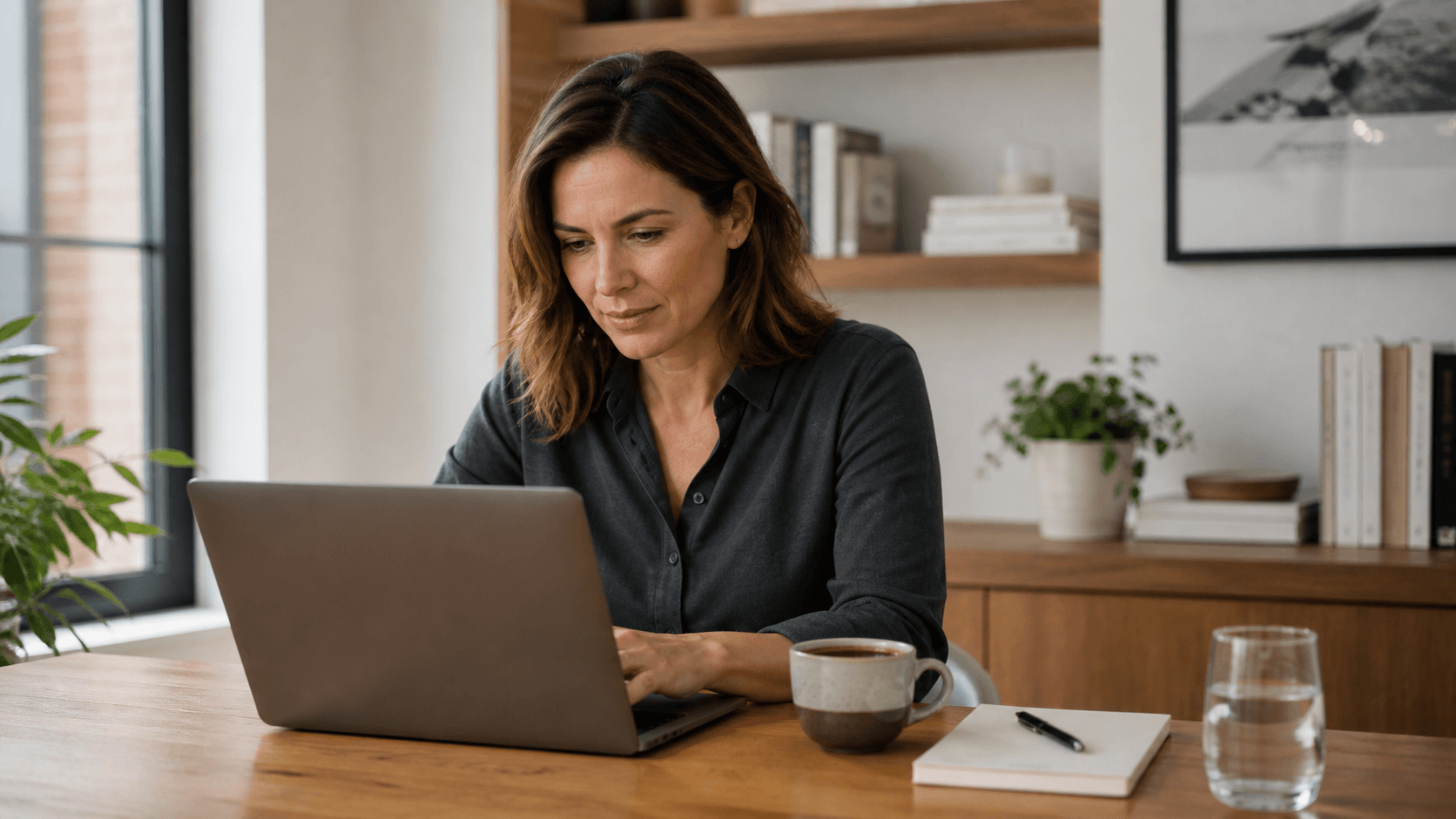A woman at a desk with a cup of coffee, representing the cognitive benefits of creatine beyond the gym