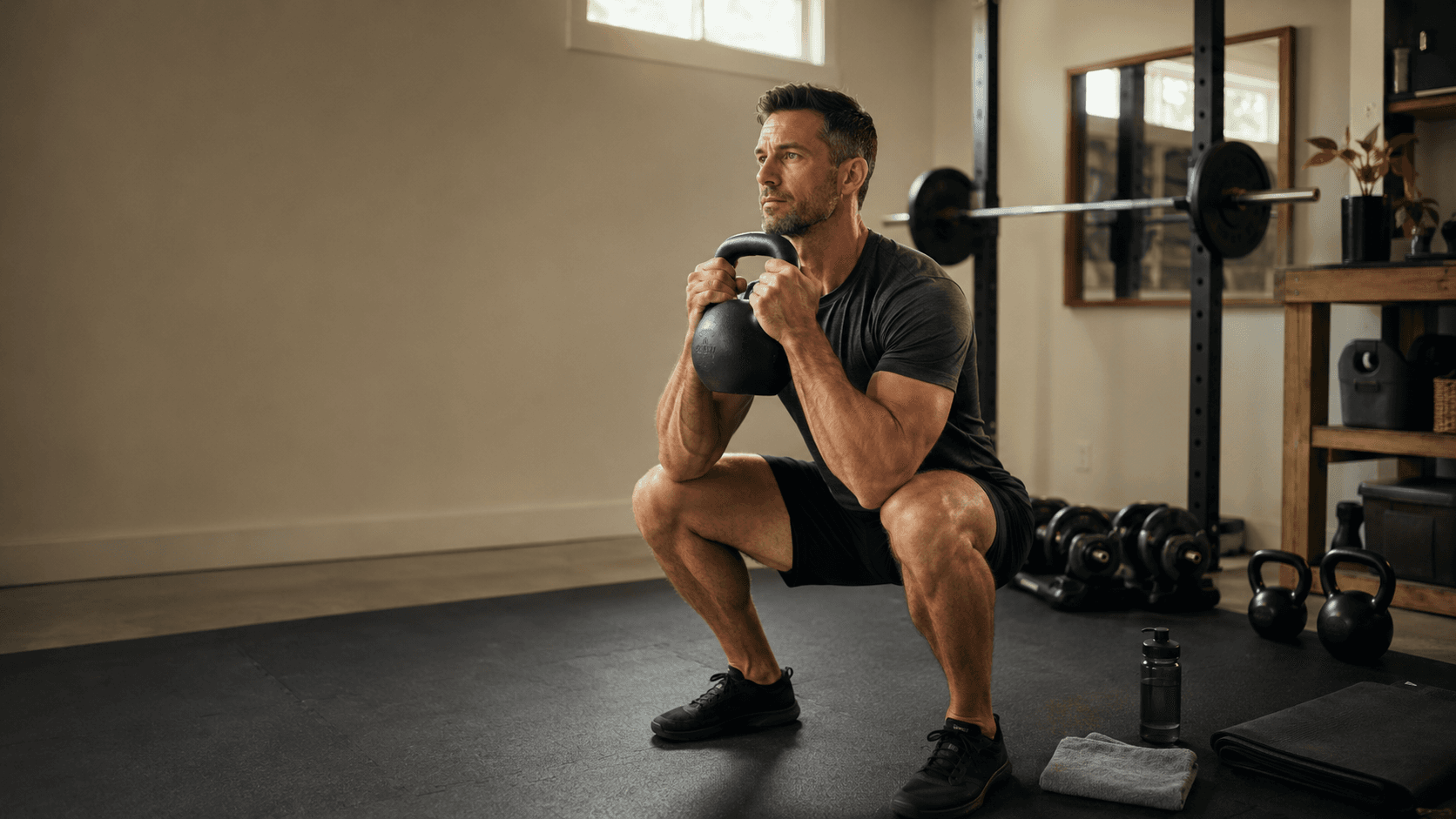 A focused father in his 30s or 40s holding the bottom of a heavy kettlebell goblet squat in a sunlit home gym, embodying the practical minimum that reverses the dad bod — short, structured resistance sessions that fit family life rather than a wholesale lifestyle overhaul
