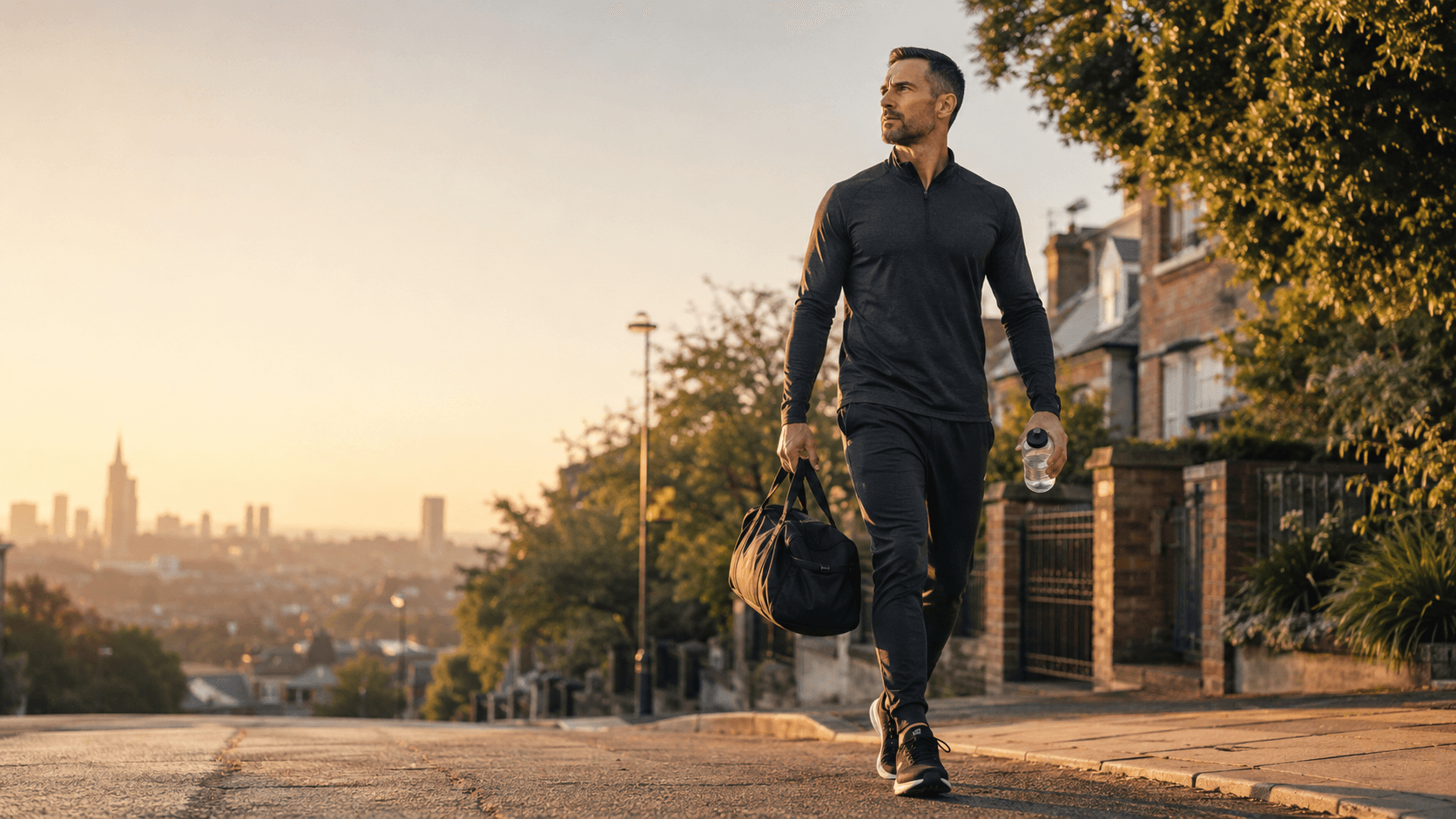 A father in dark training kit walking down a city hillside at golden hour with his kit bag in one hand and a water bottle in the other, the London skyline glowing in the distance — capturing the upward spiral: better sleep, lower cortisol, rising testosterone, more muscle and more energy that flows from regular training back into family life