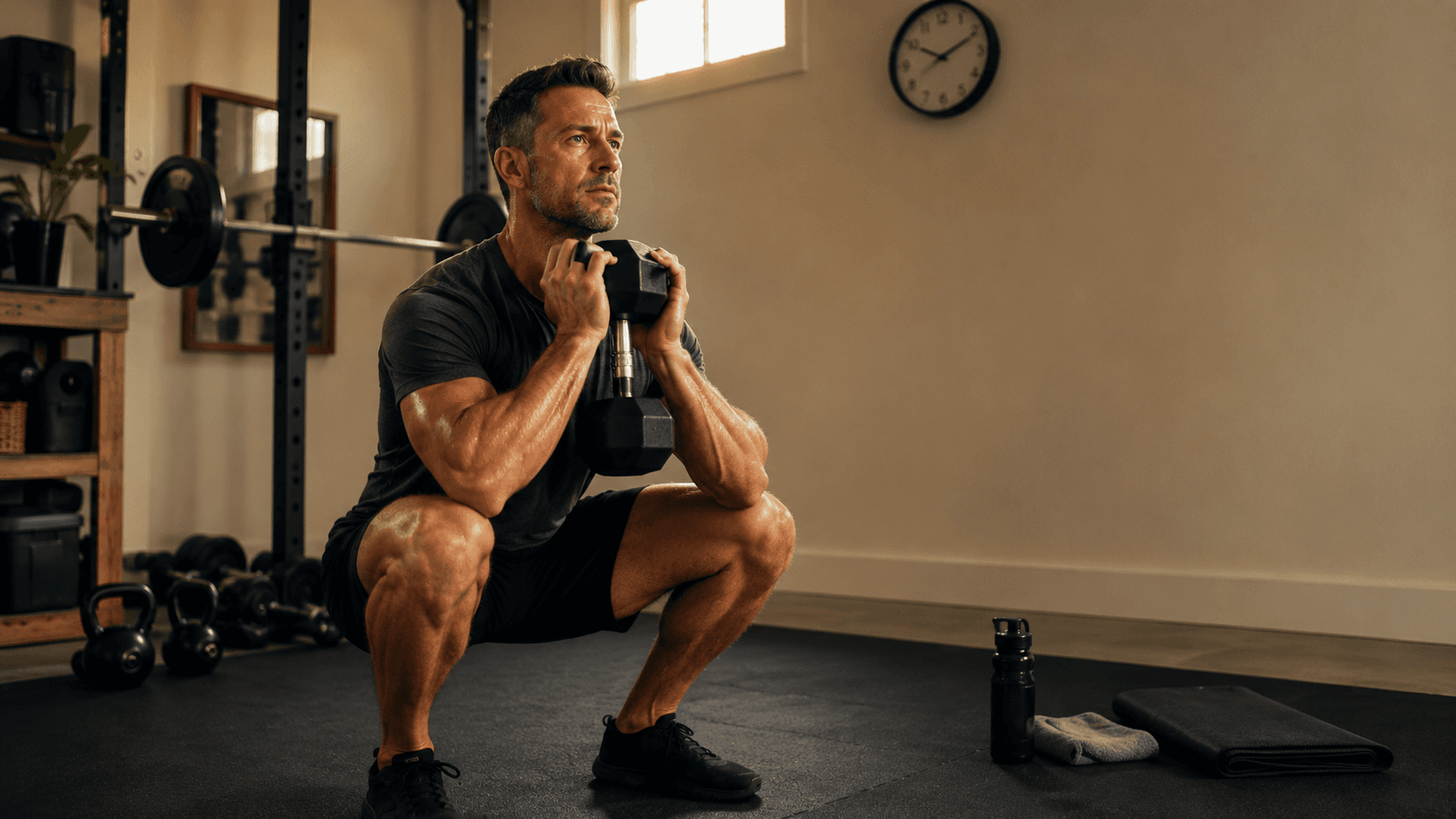 A father in his 30s or 40s holding the bottom of a heavy kettlebell goblet squat in a sunlit home gym, a wall clock visible behind him — capturing the minimum effective dose for time-pressed parents: short, structured 30 to 45 minute resistance sessions, two to three times a week, that preserve muscle, raise testosterone and reset metabolic rate