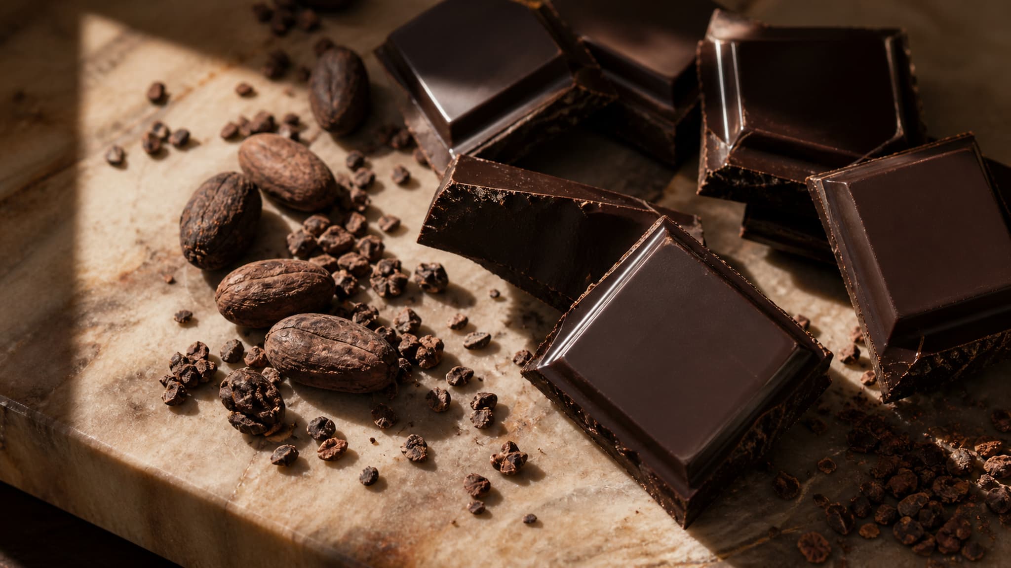 High-quality dark chocolate pieces scattered on a marble surface alongside raw cacao nibs and whole cocoa beans