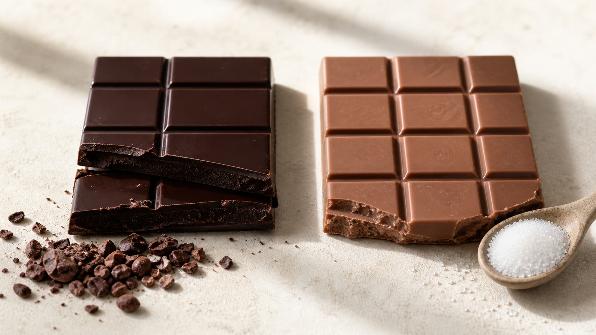 Visual comparison of high-quality 85 percent dark chocolate versus a standard milk chocolate bar highlighting differences in cocoa content, sugar, and fibre