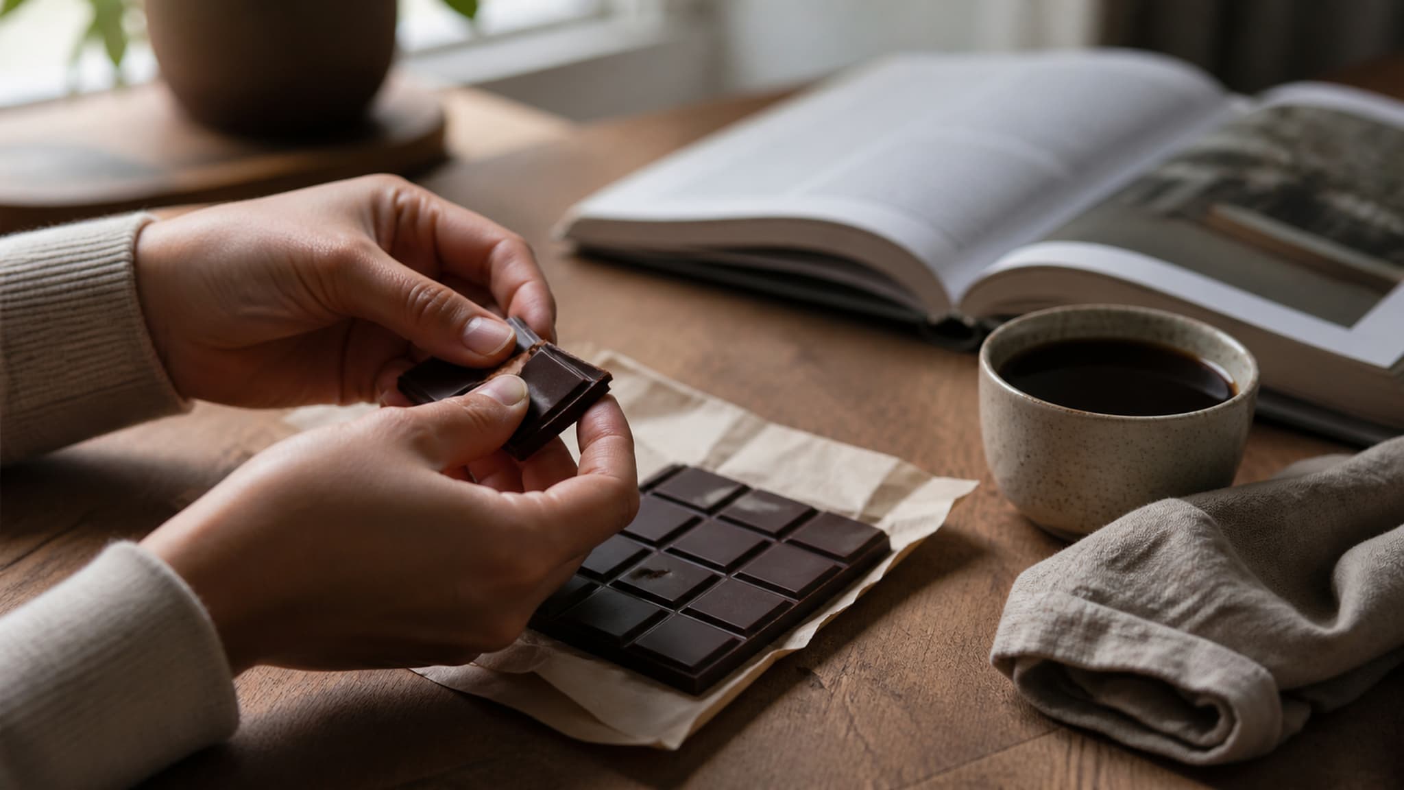 Person enjoying a small portion of dark chocolate mindfully with a cup of coffee or herbal tea in a calm, relaxed setting