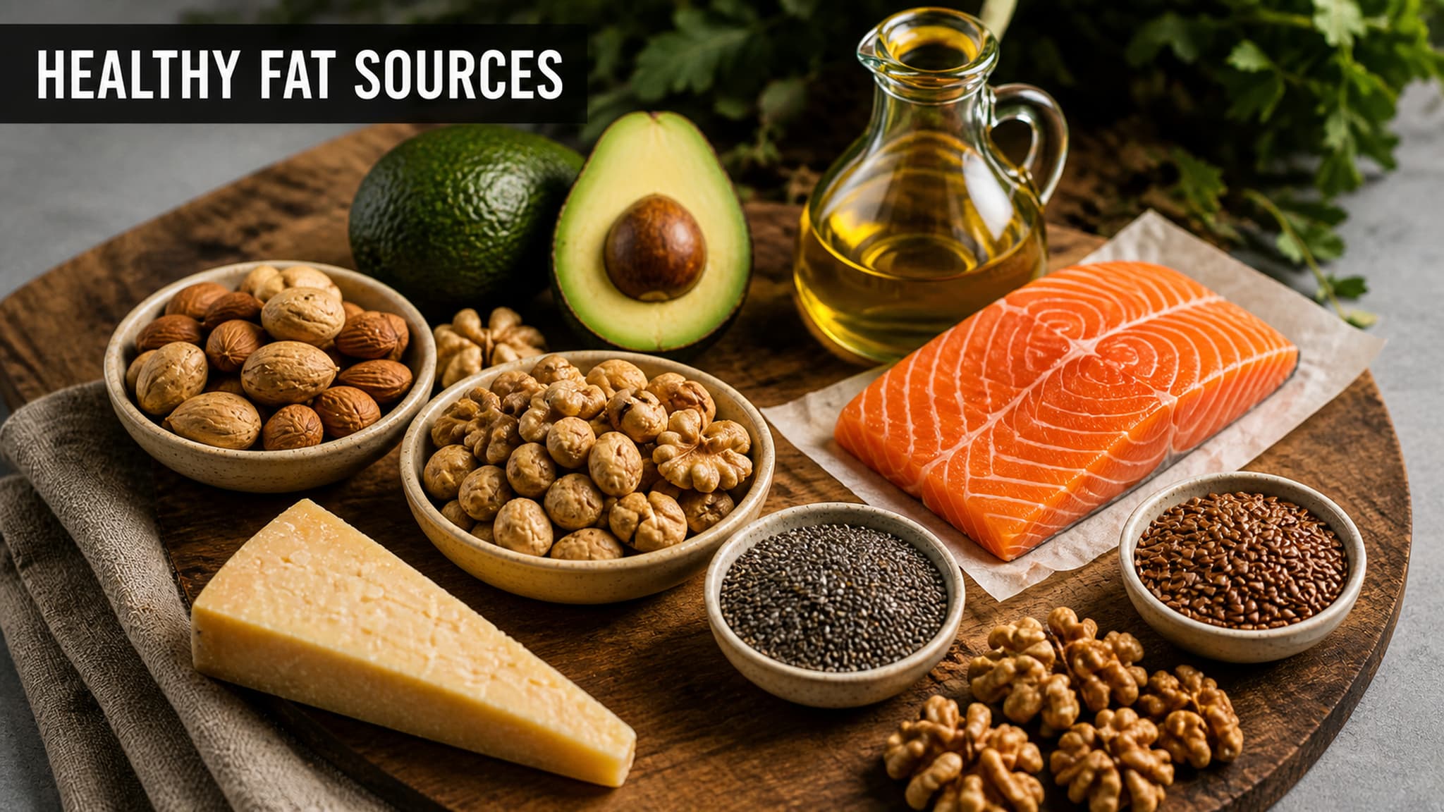 Overhead flat-lay of diverse fat sources including avocado, nuts, eggs, cheese, olive oil, and salmon on a wooden surface