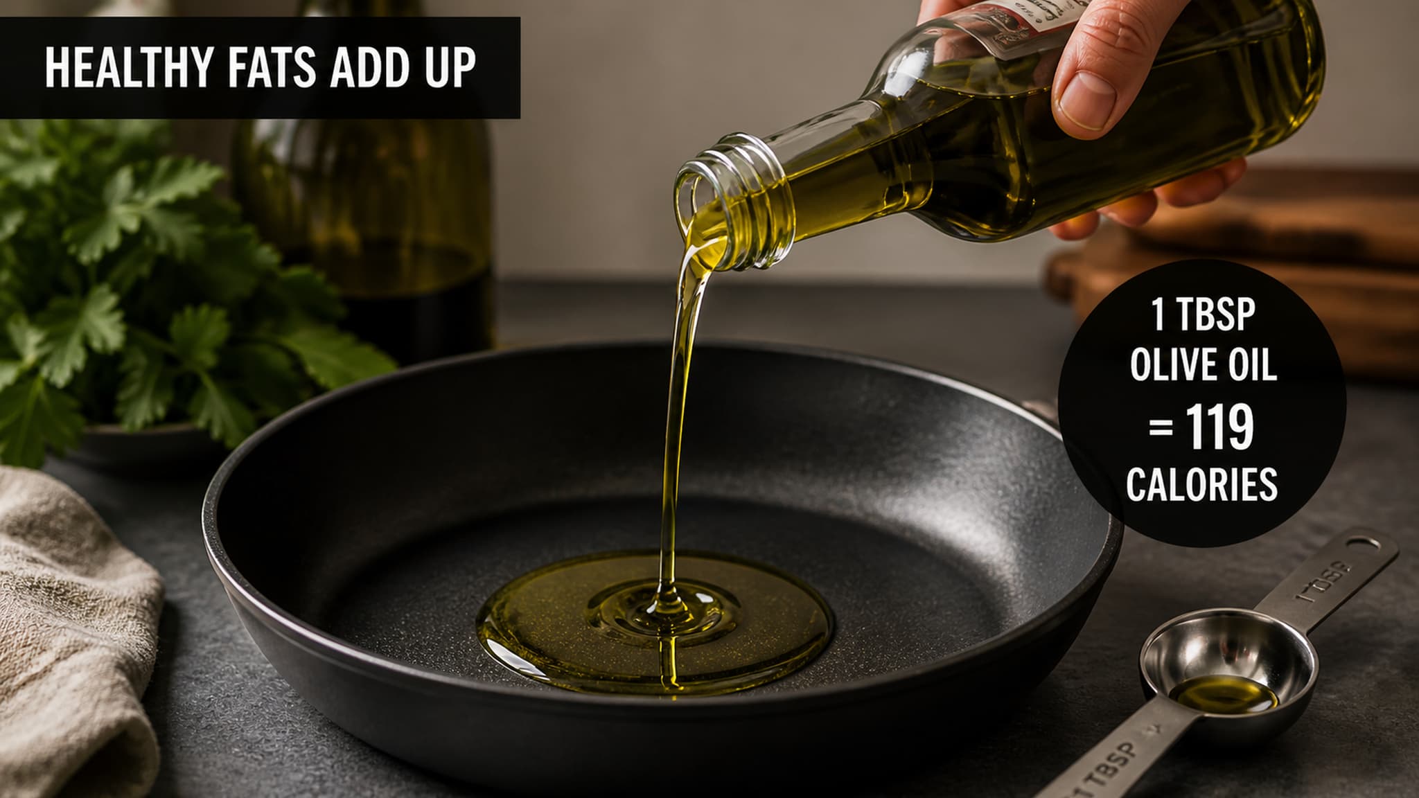 Healthy fat sources including avocado, walnuts, and oils showing calorie density